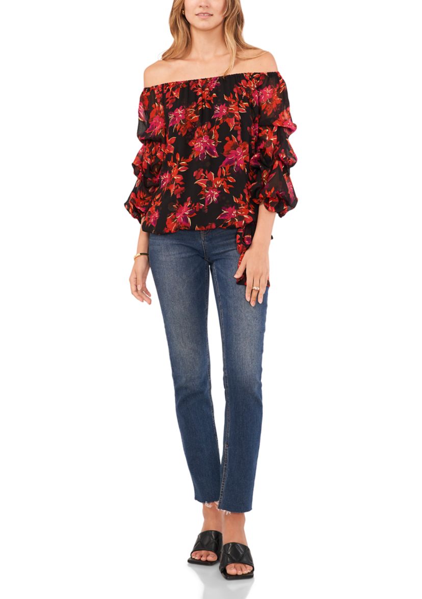 Womens Floral Off-the-Shoulder Cha Cha Sleeve Blouse