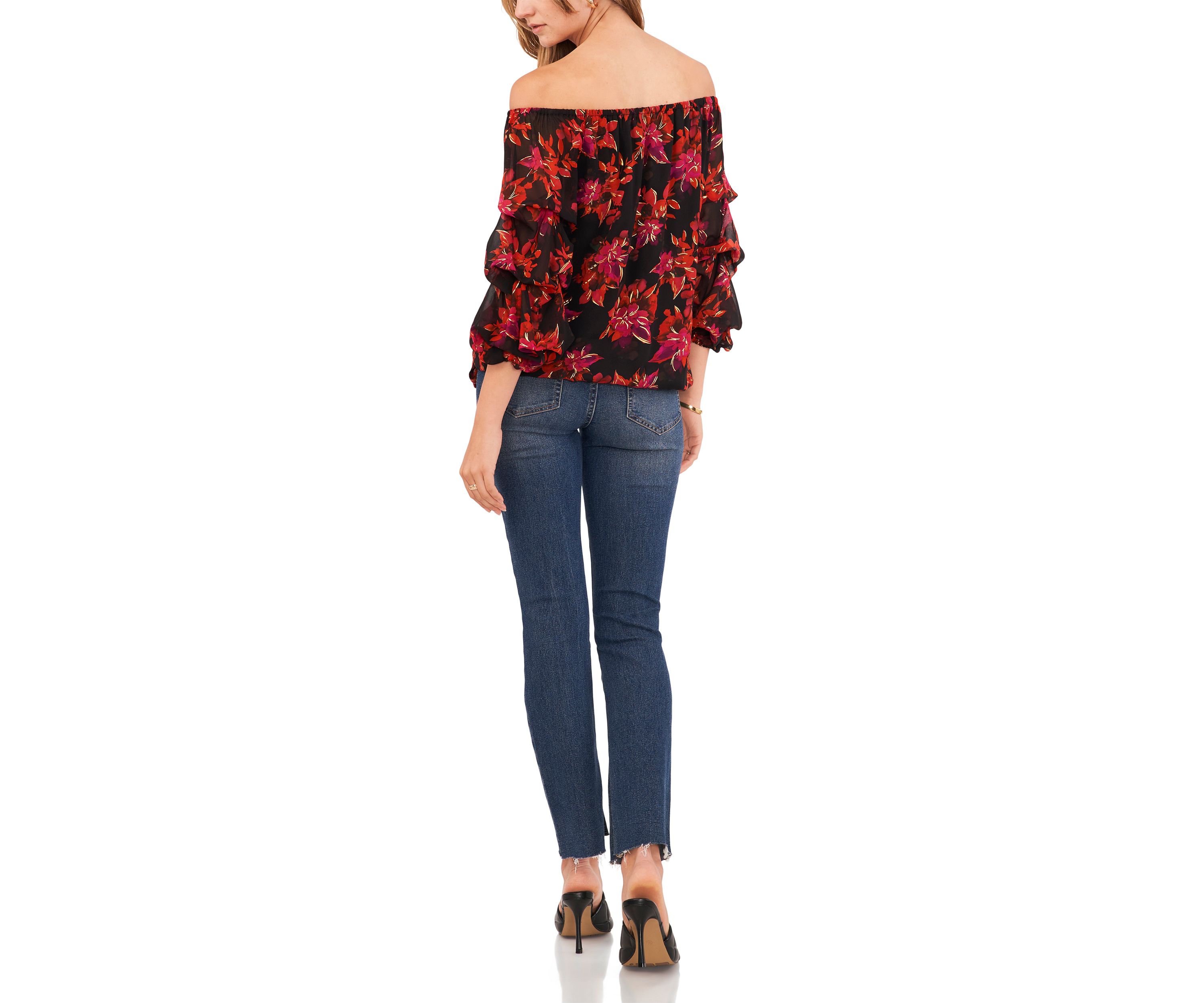 Womens Floral Off-the-Shoulder Cha Cha Sleeve Blouse