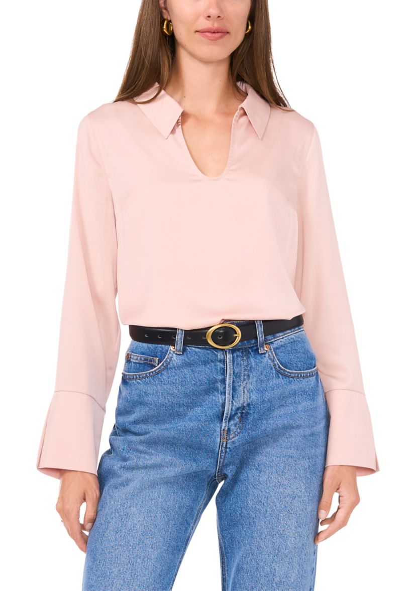 Womens Long Flutter Sleeve Collared Blouse