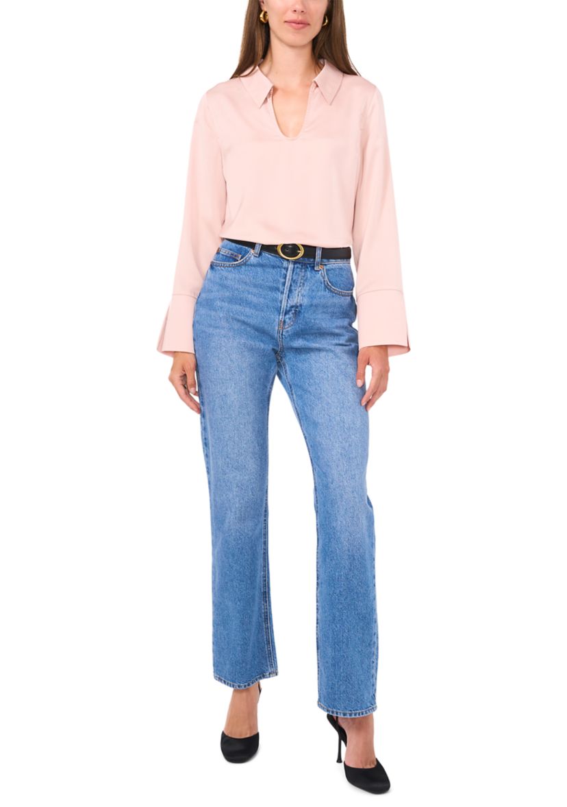 Womens Long Flutter Sleeve Collared Blouse