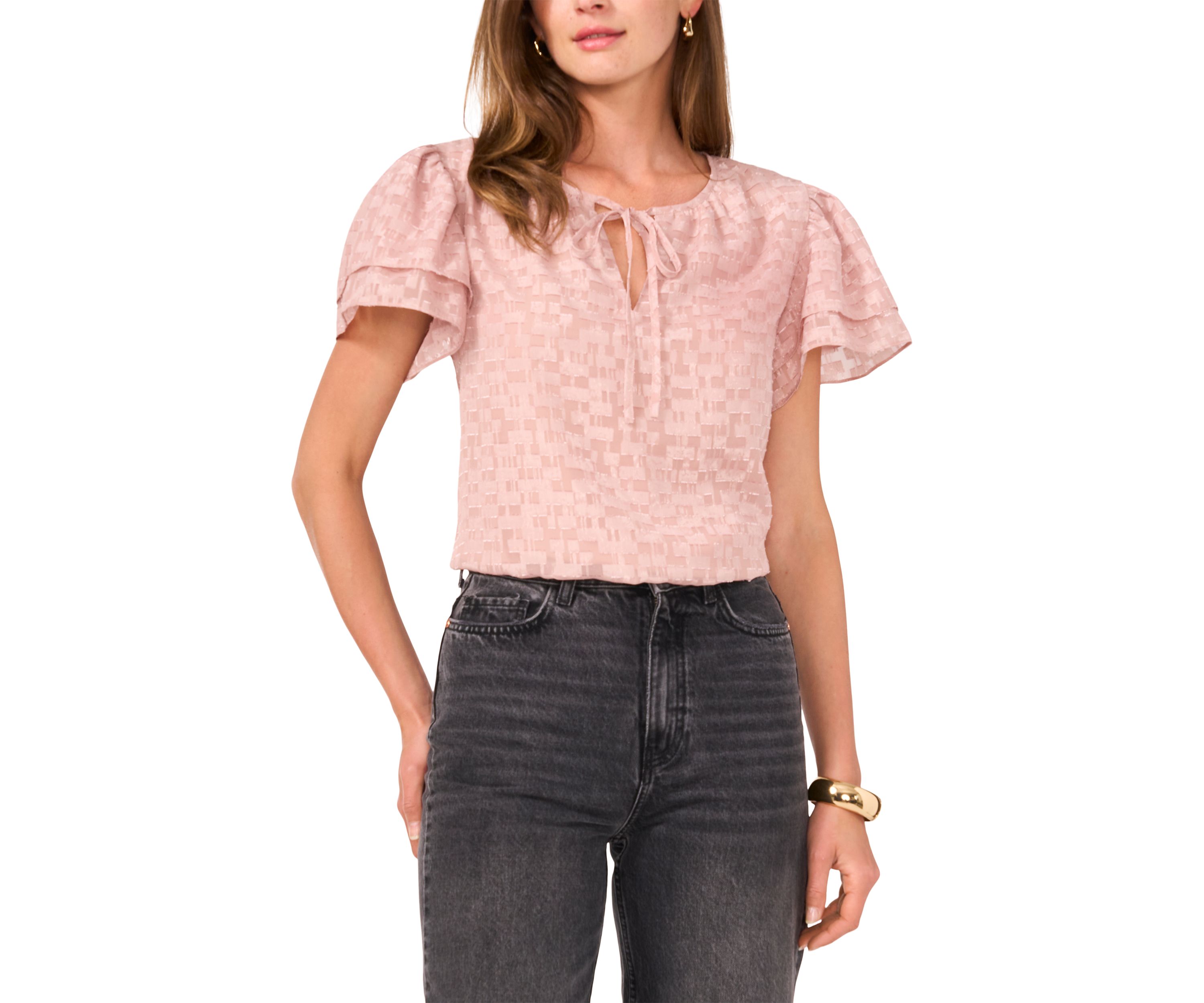 Womens Ruffle Sleeve Burnout Keyhole Blouse