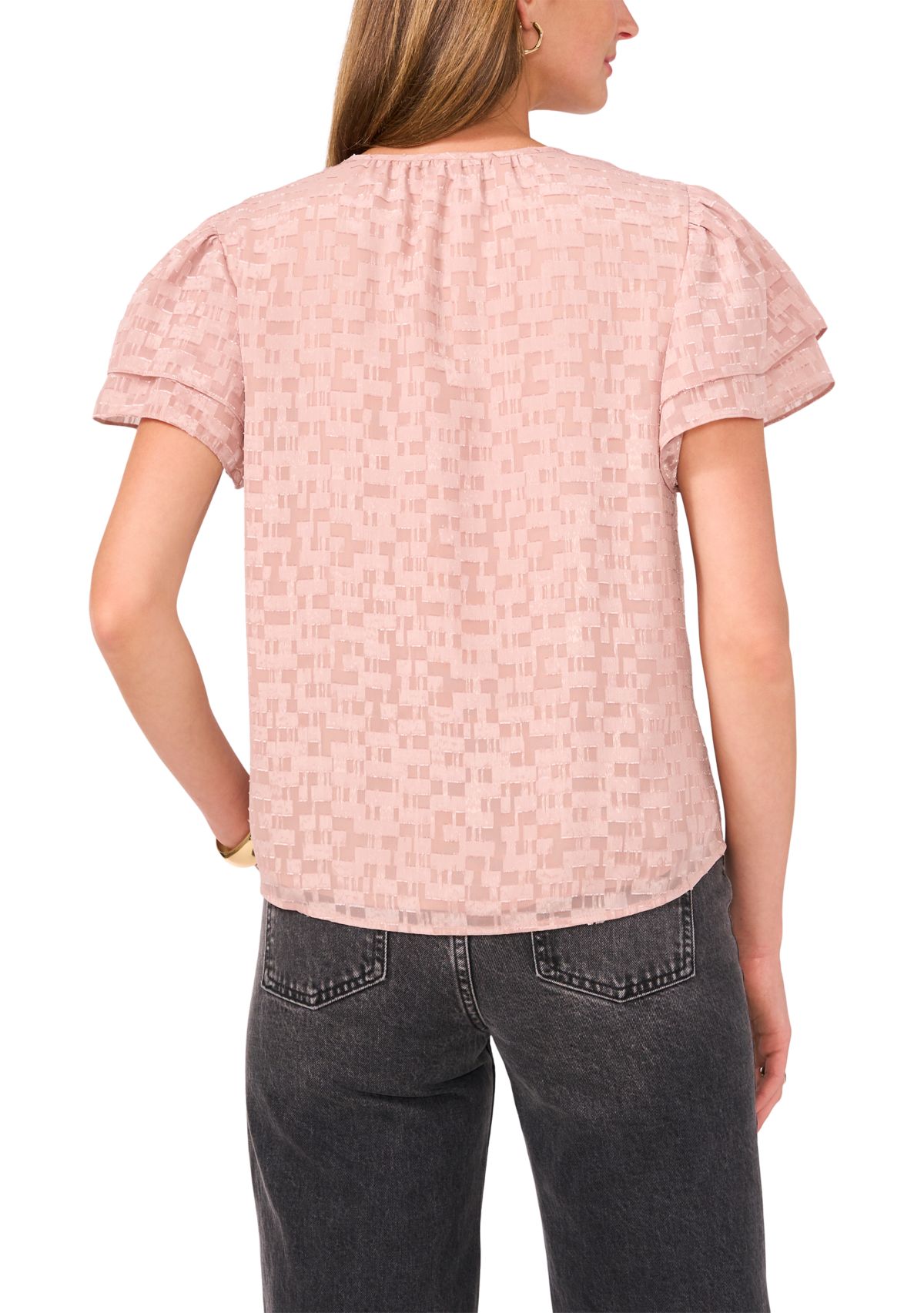 Womens Ruffle Sleeve Burnout Keyhole Blouse