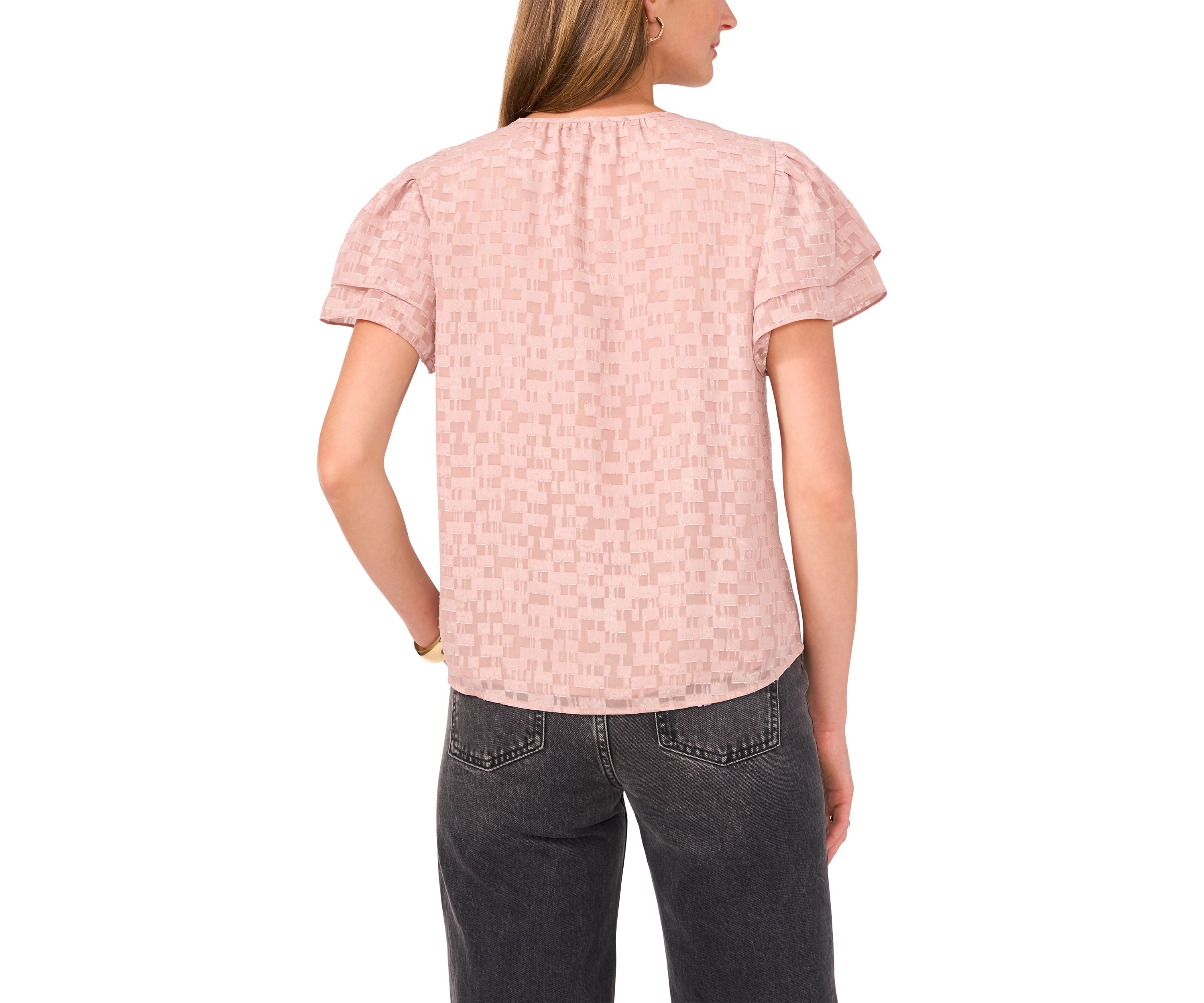 Womens Ruffle Sleeve Burnout Keyhole Blouse
