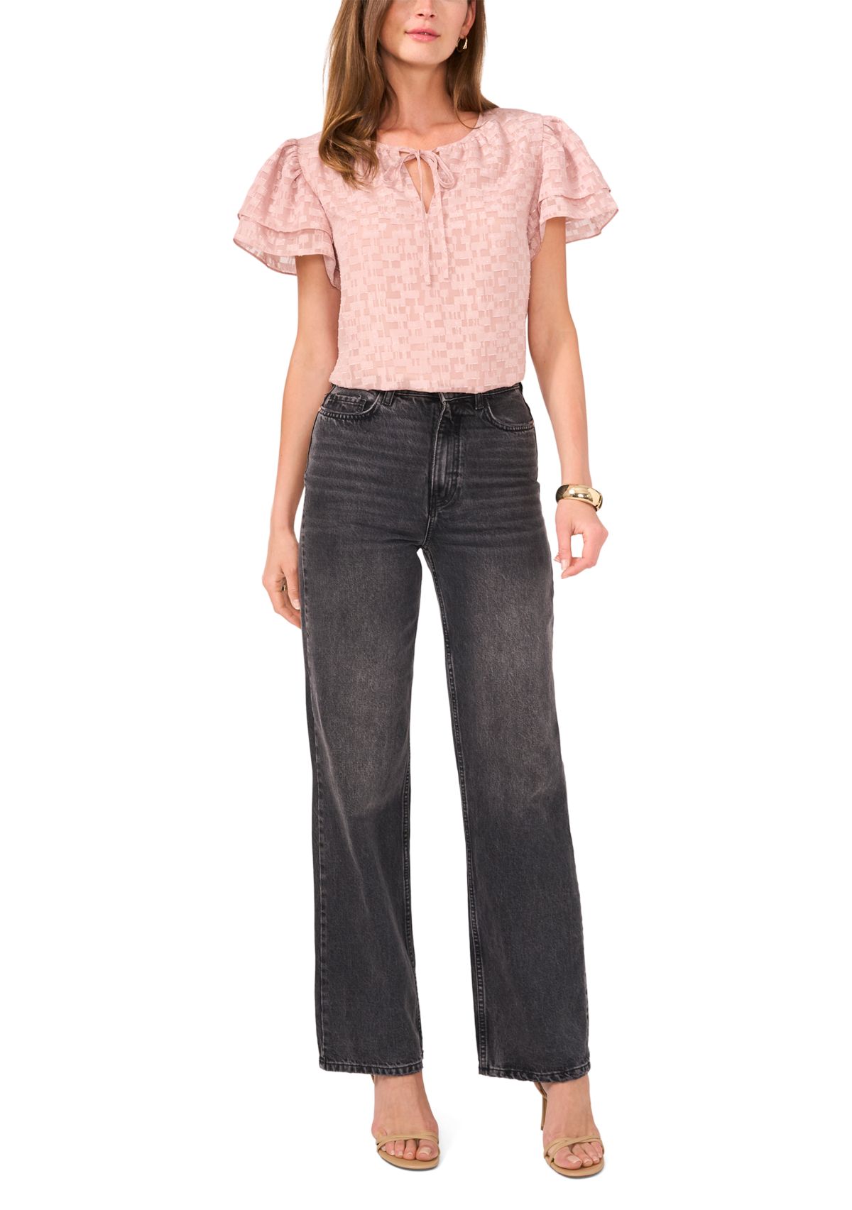 Womens Ruffle Sleeve Burnout Keyhole Blouse