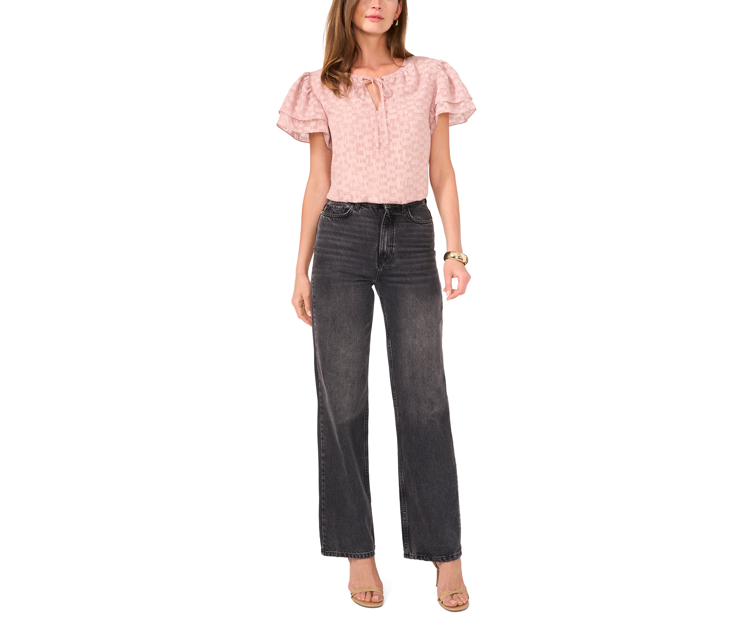 Womens Ruffle Sleeve Burnout Keyhole Blouse