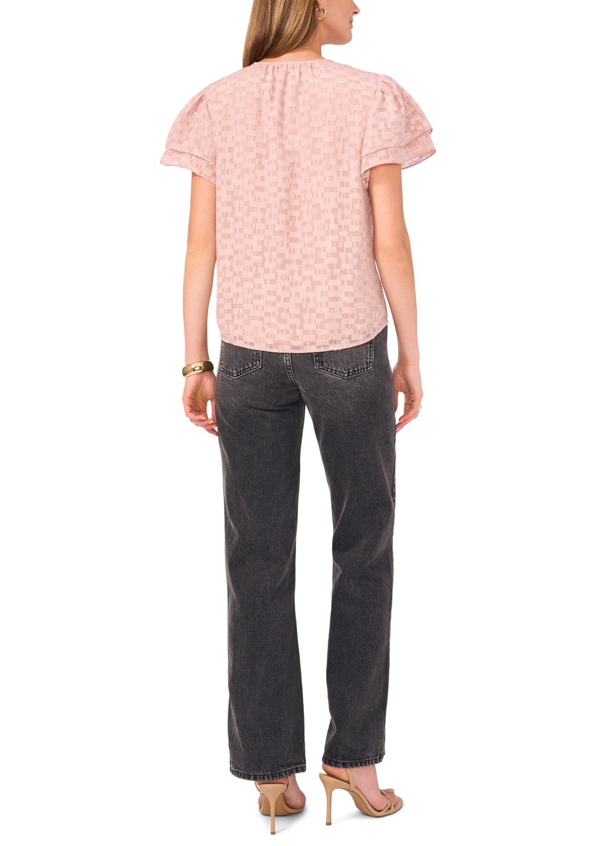 Womens Ruffle Sleeve Burnout Keyhole Blouse