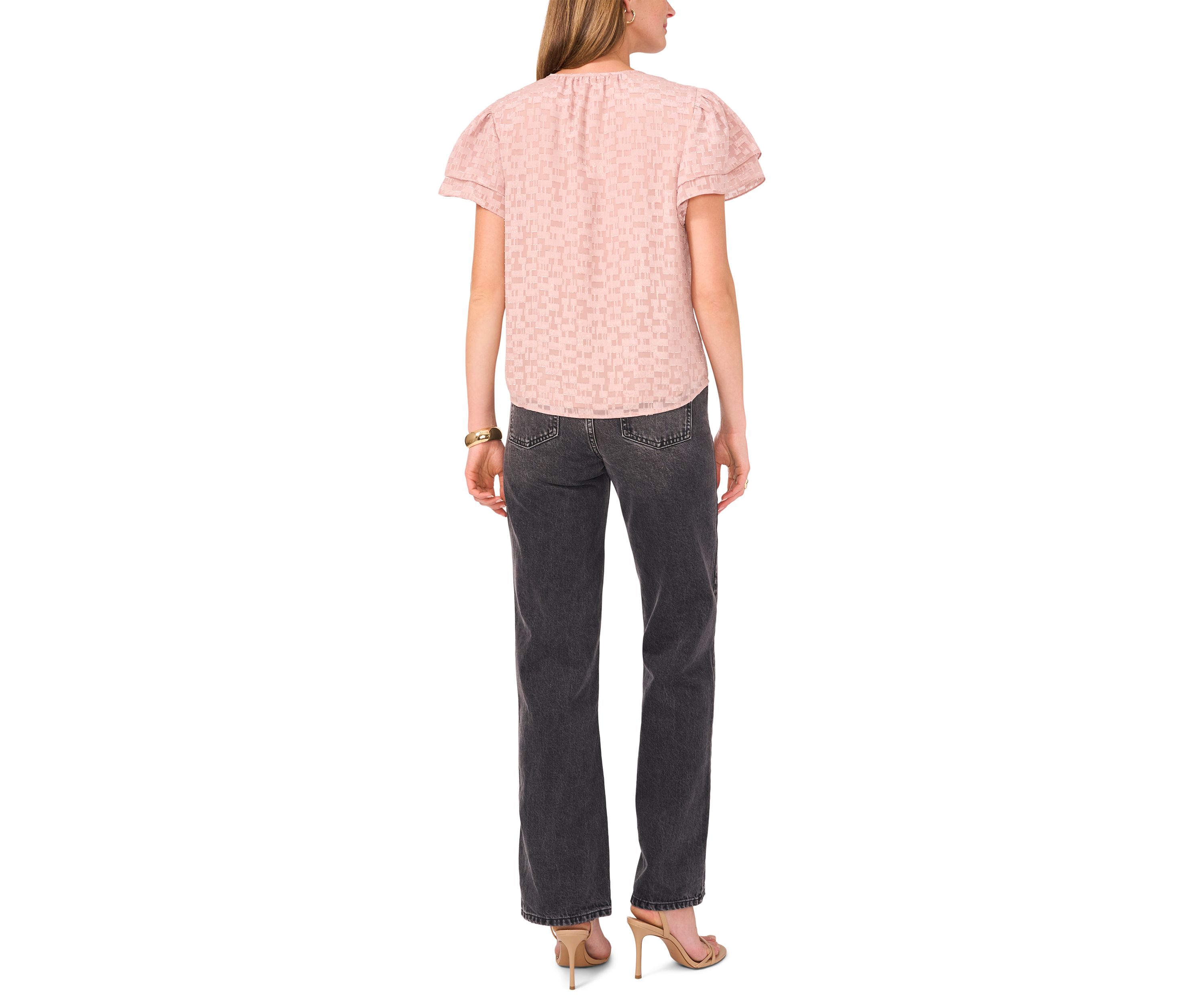 Womens Ruffle Sleeve Burnout Keyhole Blouse