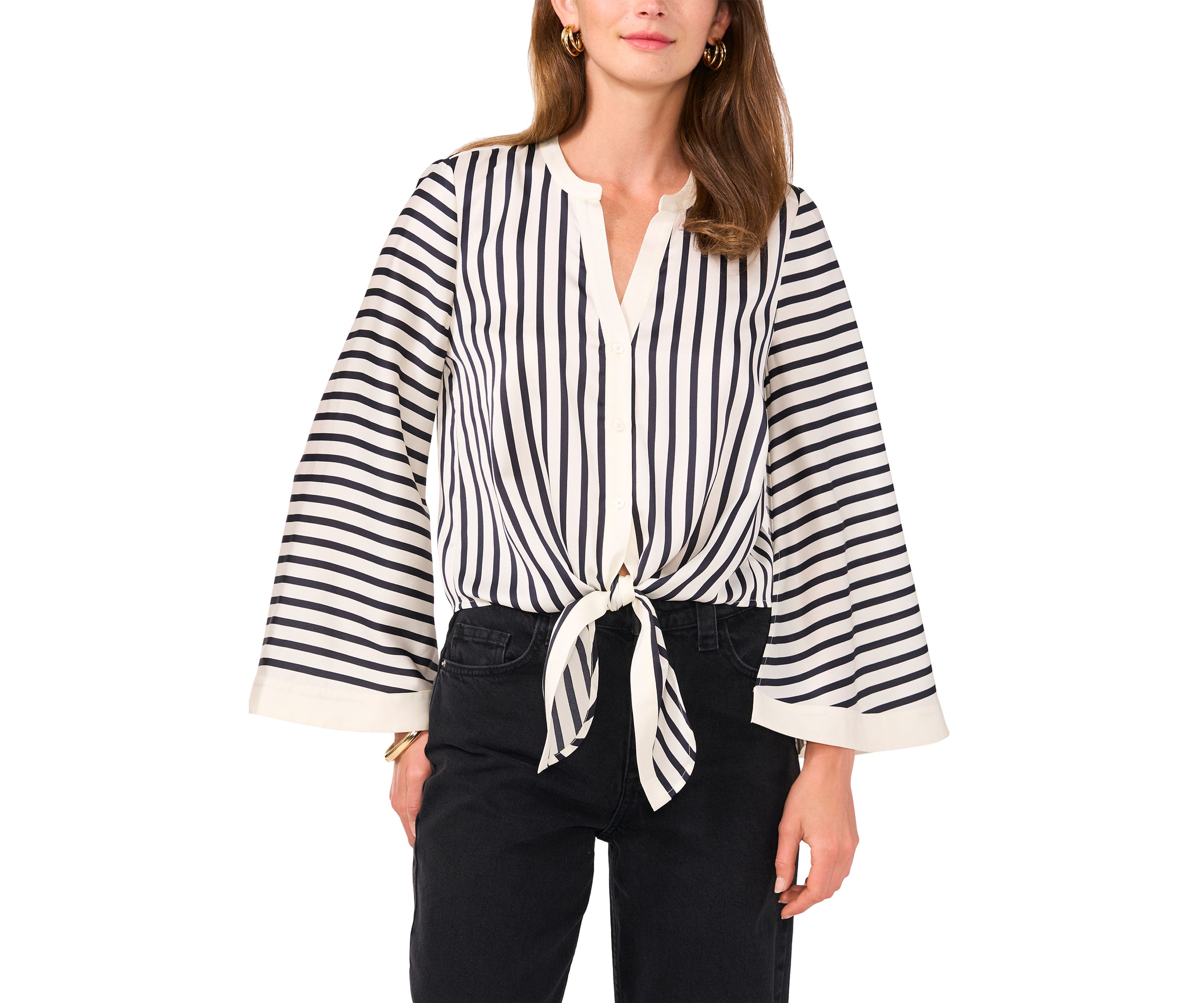 Womens Flare Sleeve Striped Tie Front Blouse