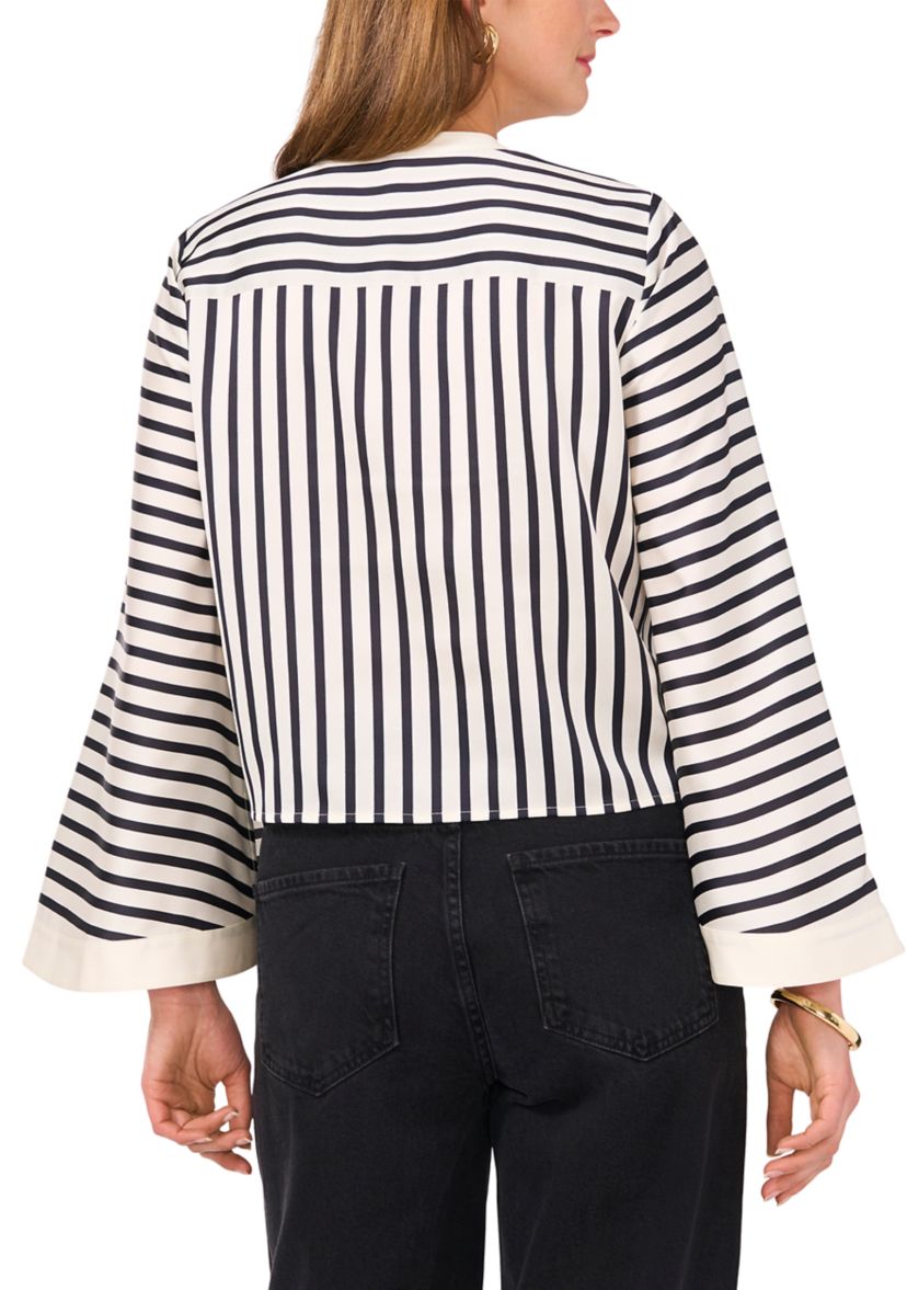 Womens Flare Sleeve Striped Tie Front Blouse