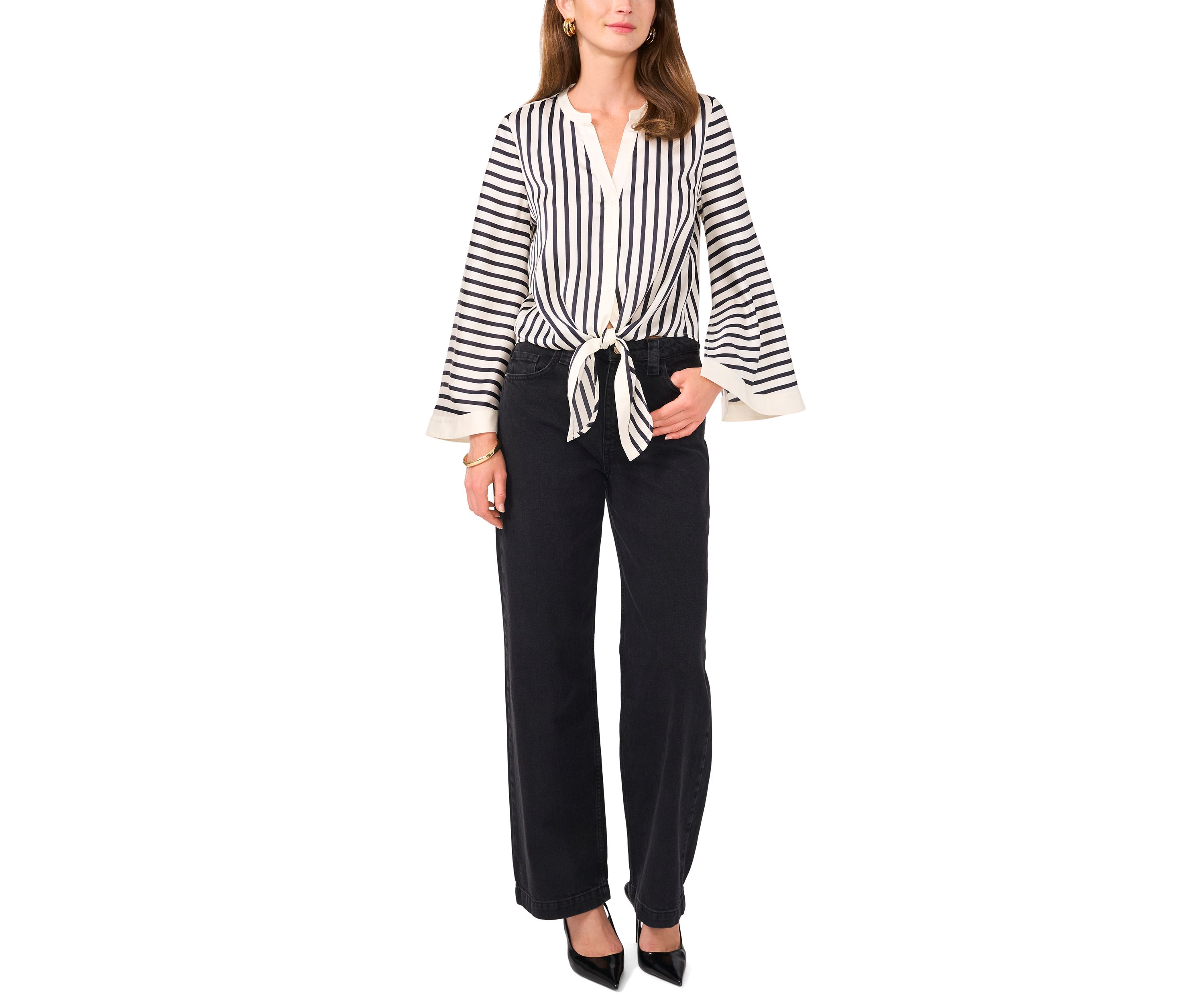 Womens Flare Sleeve Striped Tie Front Blouse
