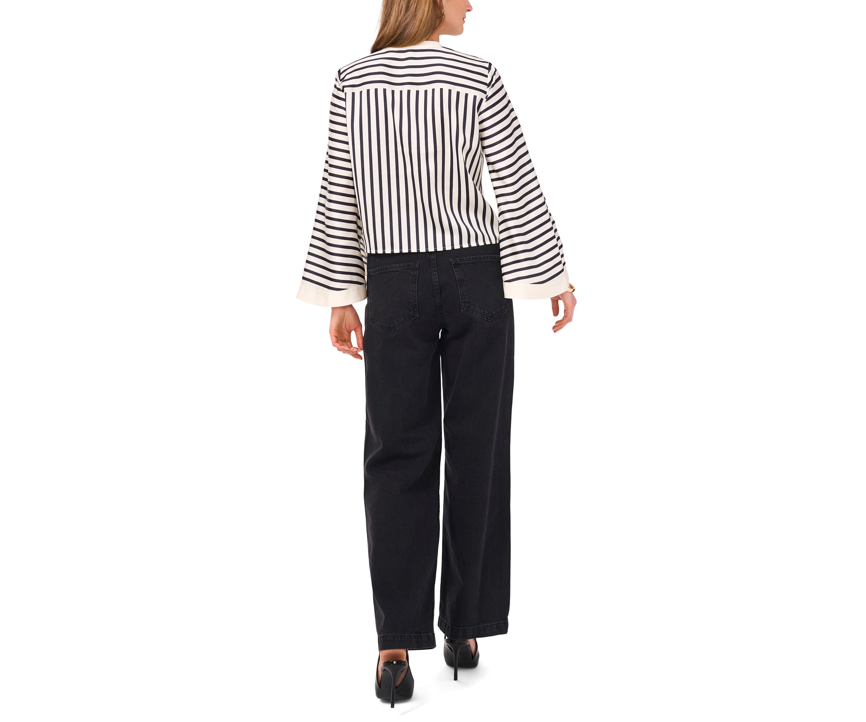 Womens Flare Sleeve Striped Tie Front Blouse