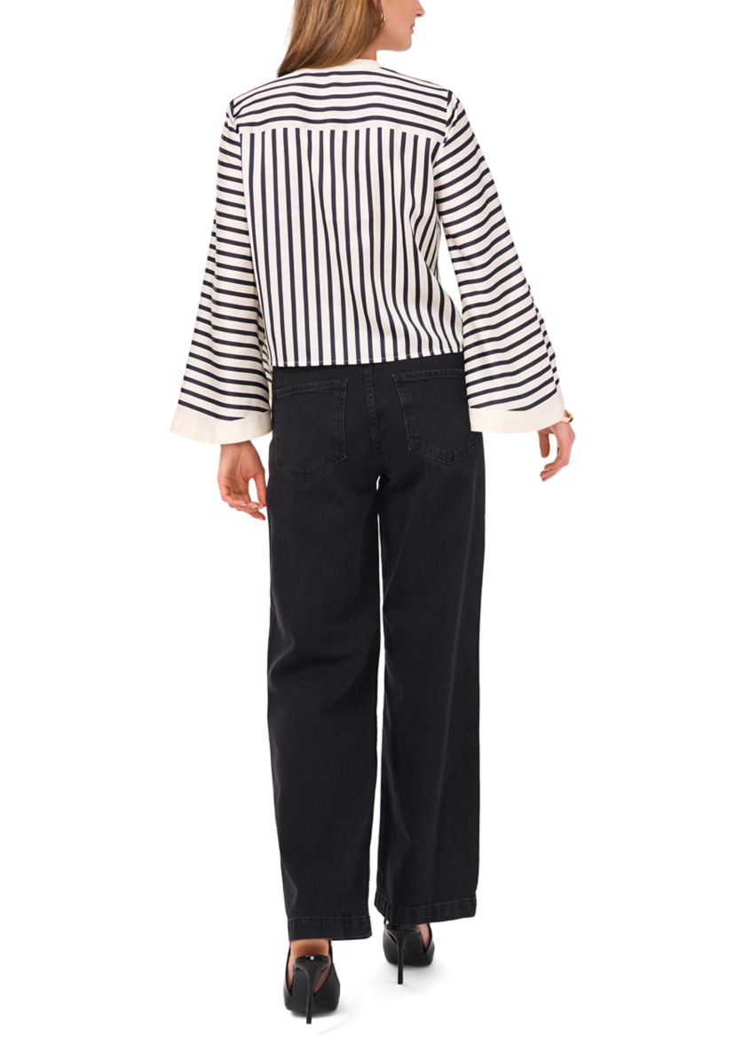 Womens Flare Sleeve Striped Tie Front Blouse