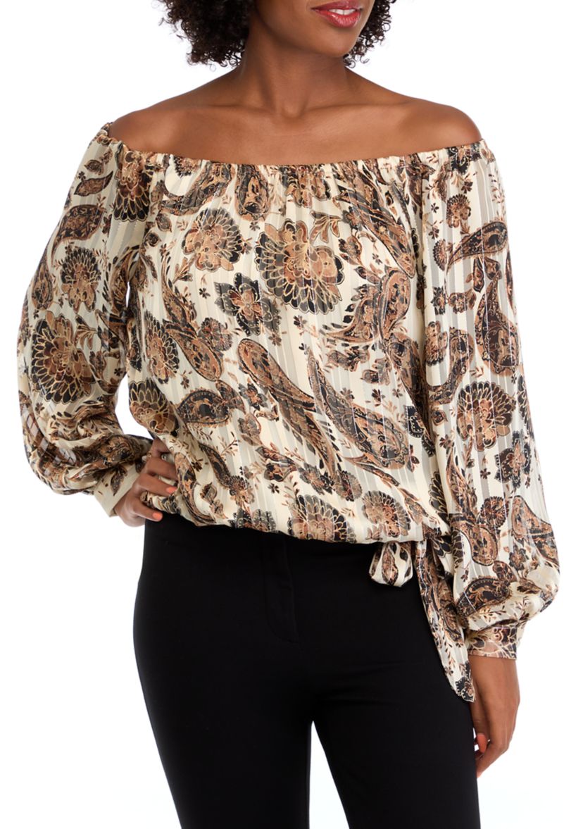 Womens Off the Shoulder Tie Waist Floral Blouse