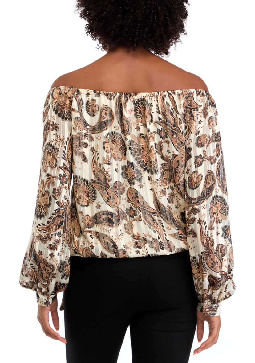 Womens Off the Shoulder Tie Waist Floral Blouse