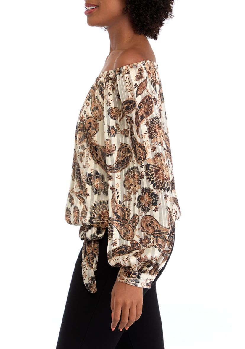 Womens Off the Shoulder Tie Waist Floral Blouse