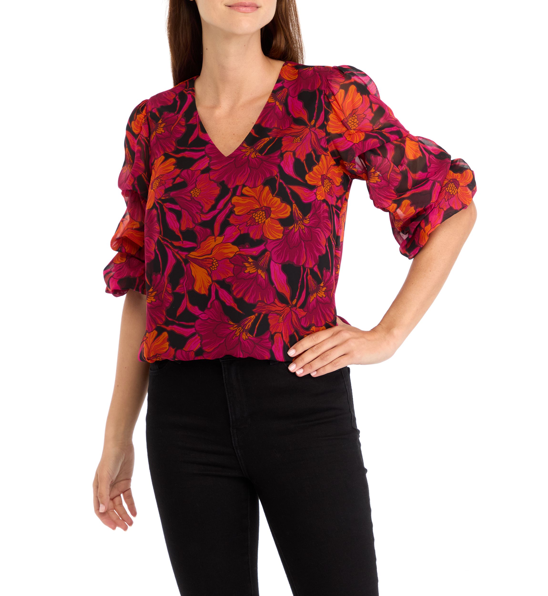 Womens Bubble Sleeve Floral Blouse