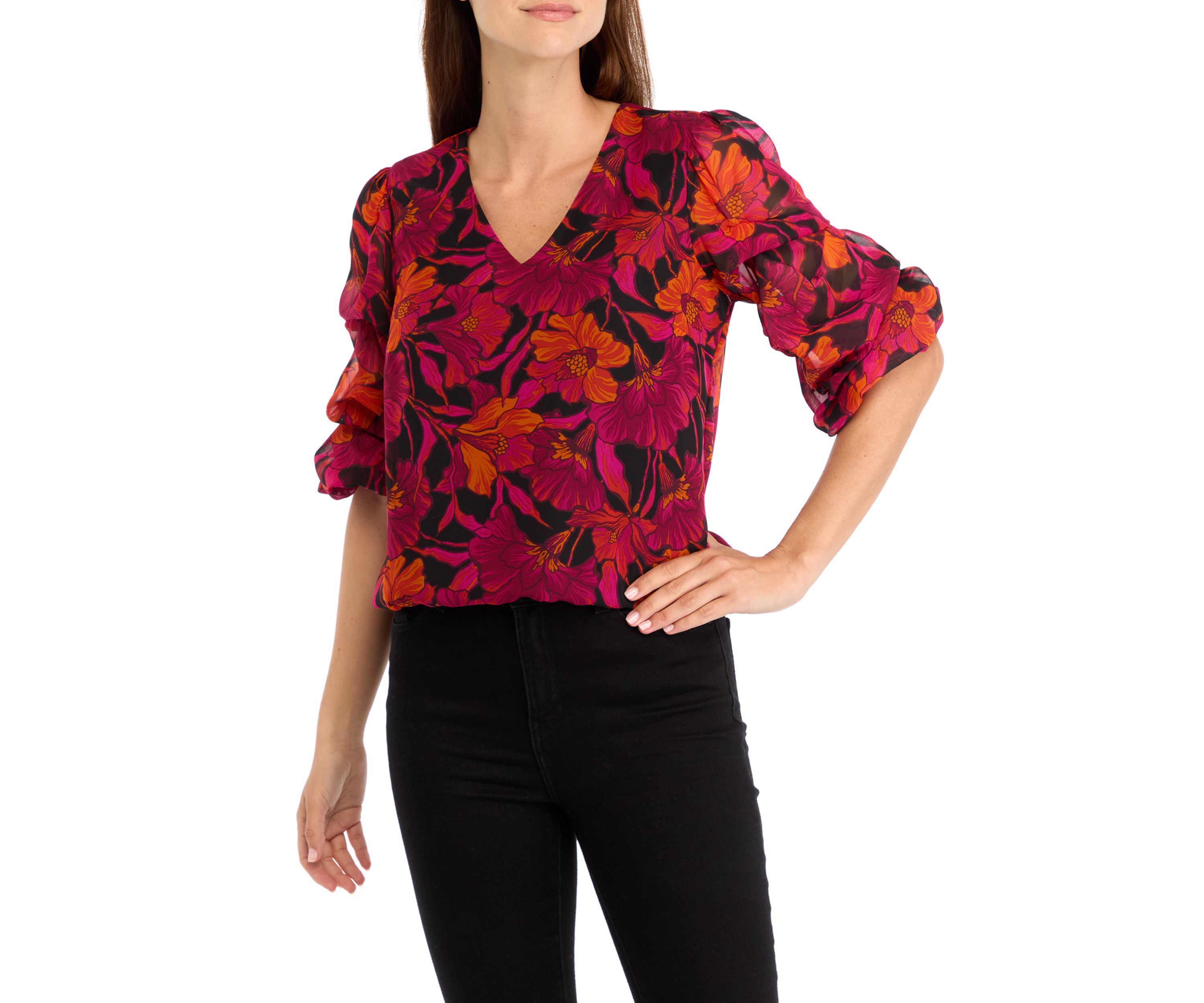 Womens Bubble Sleeve Floral Blouse