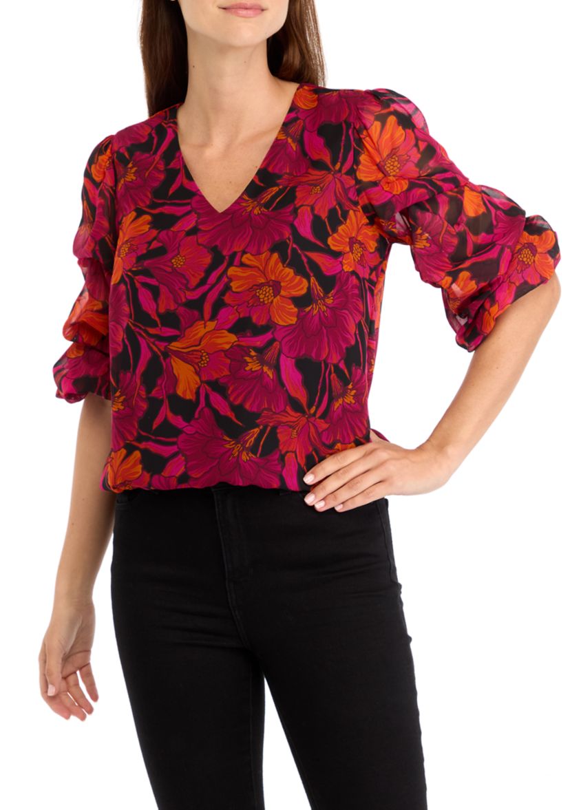 Womens Bubble Sleeve Floral Blouse