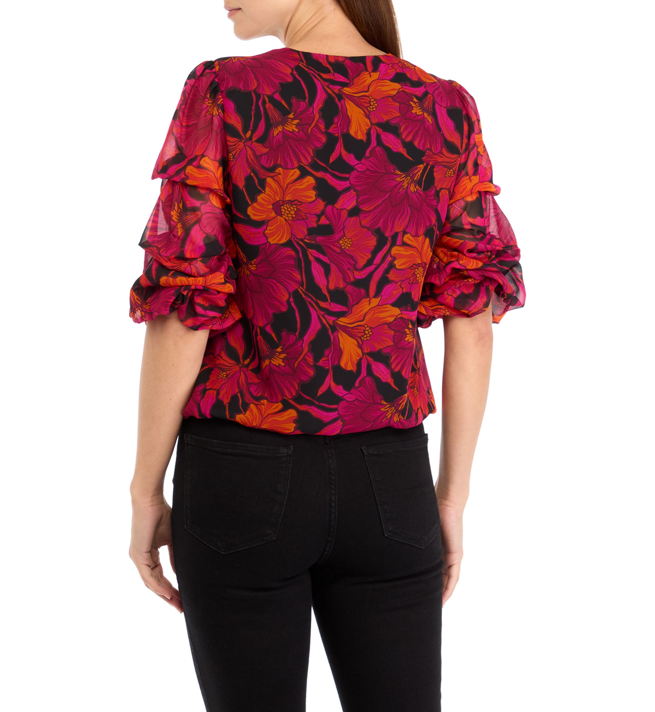 Womens Bubble Sleeve Floral Blouse