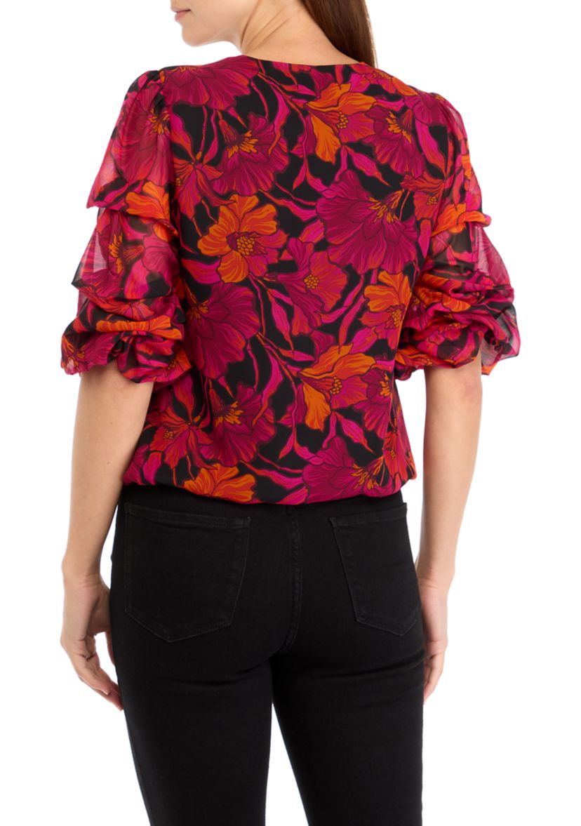 Womens Bubble Sleeve Floral Blouse