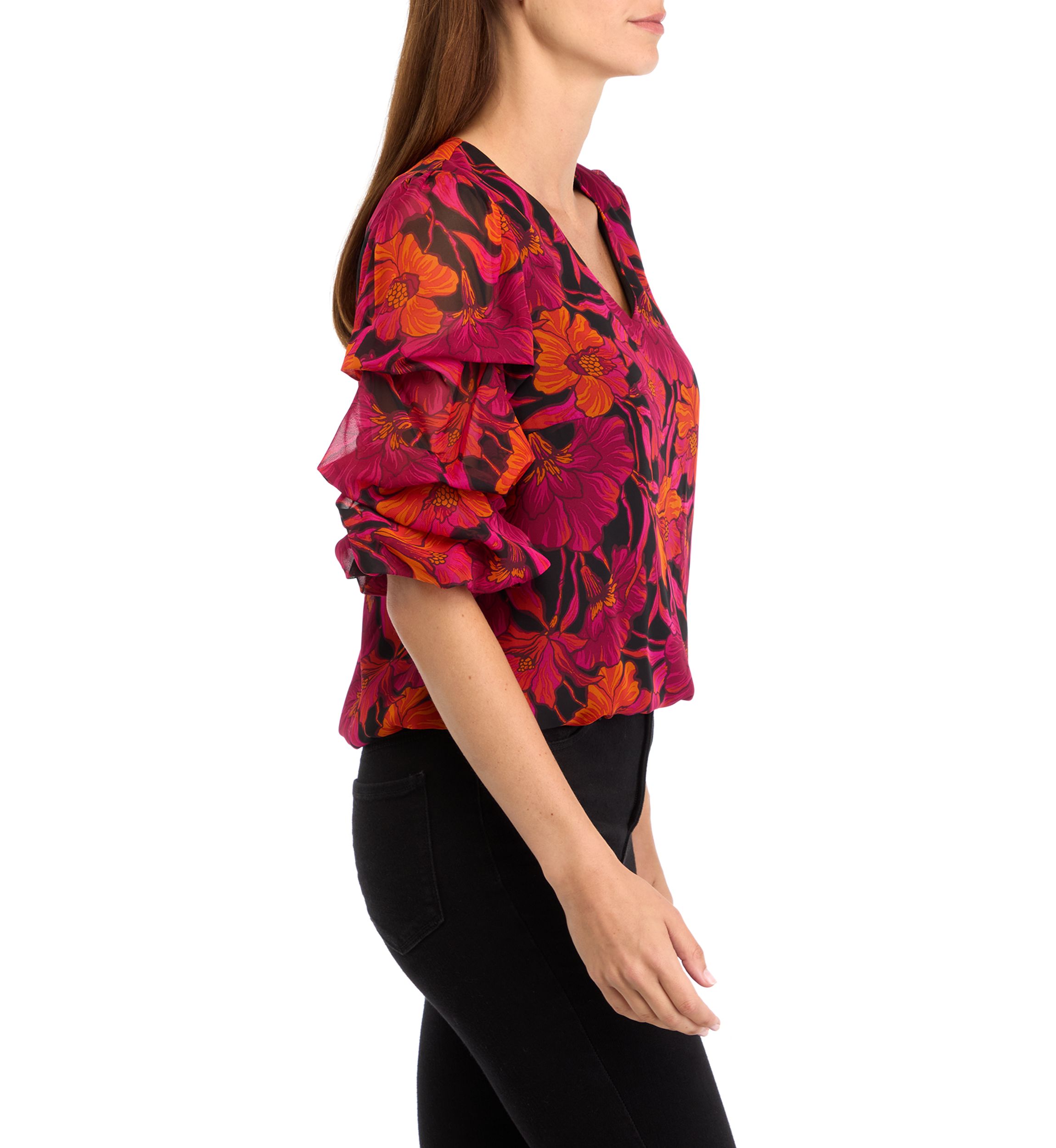 Womens Bubble Sleeve Floral Blouse