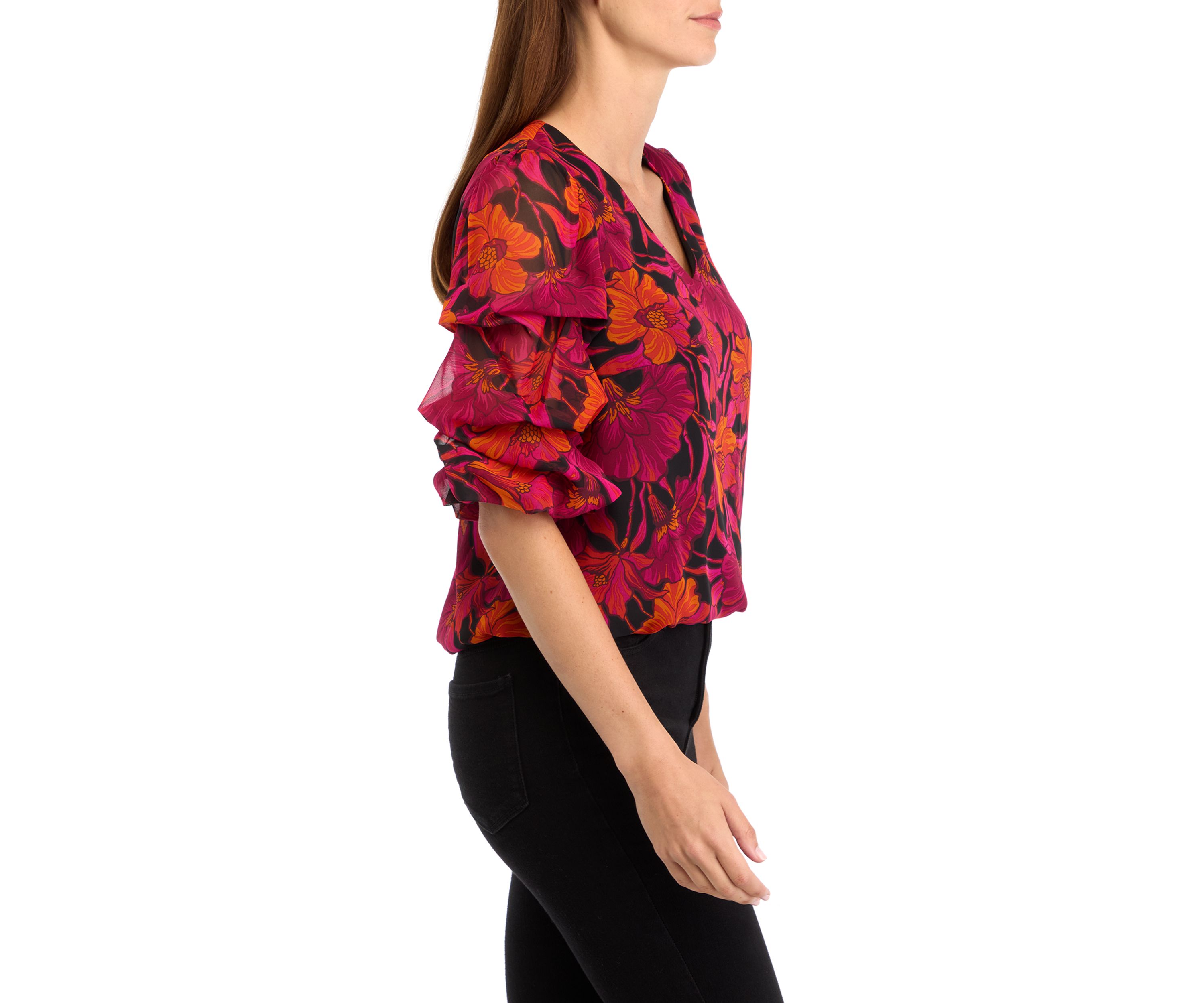 Womens Bubble Sleeve Floral Blouse