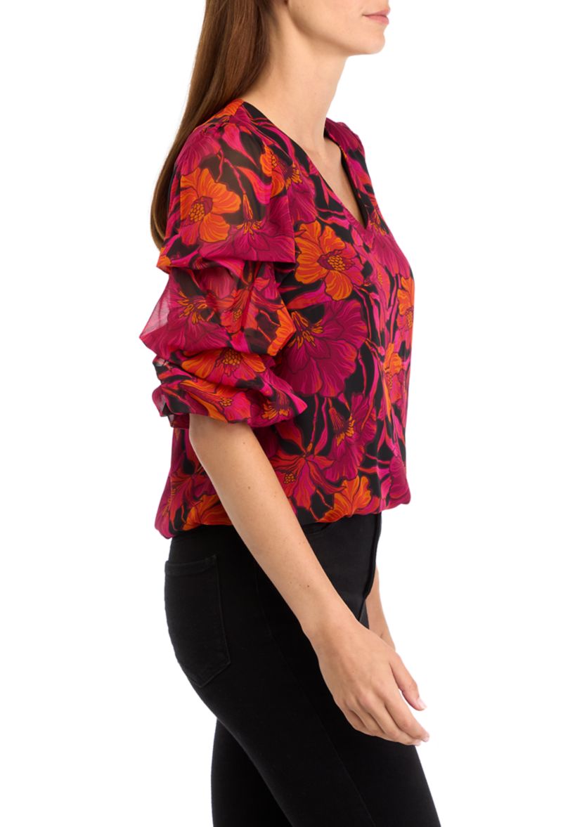 Womens Bubble Sleeve Floral Blouse
