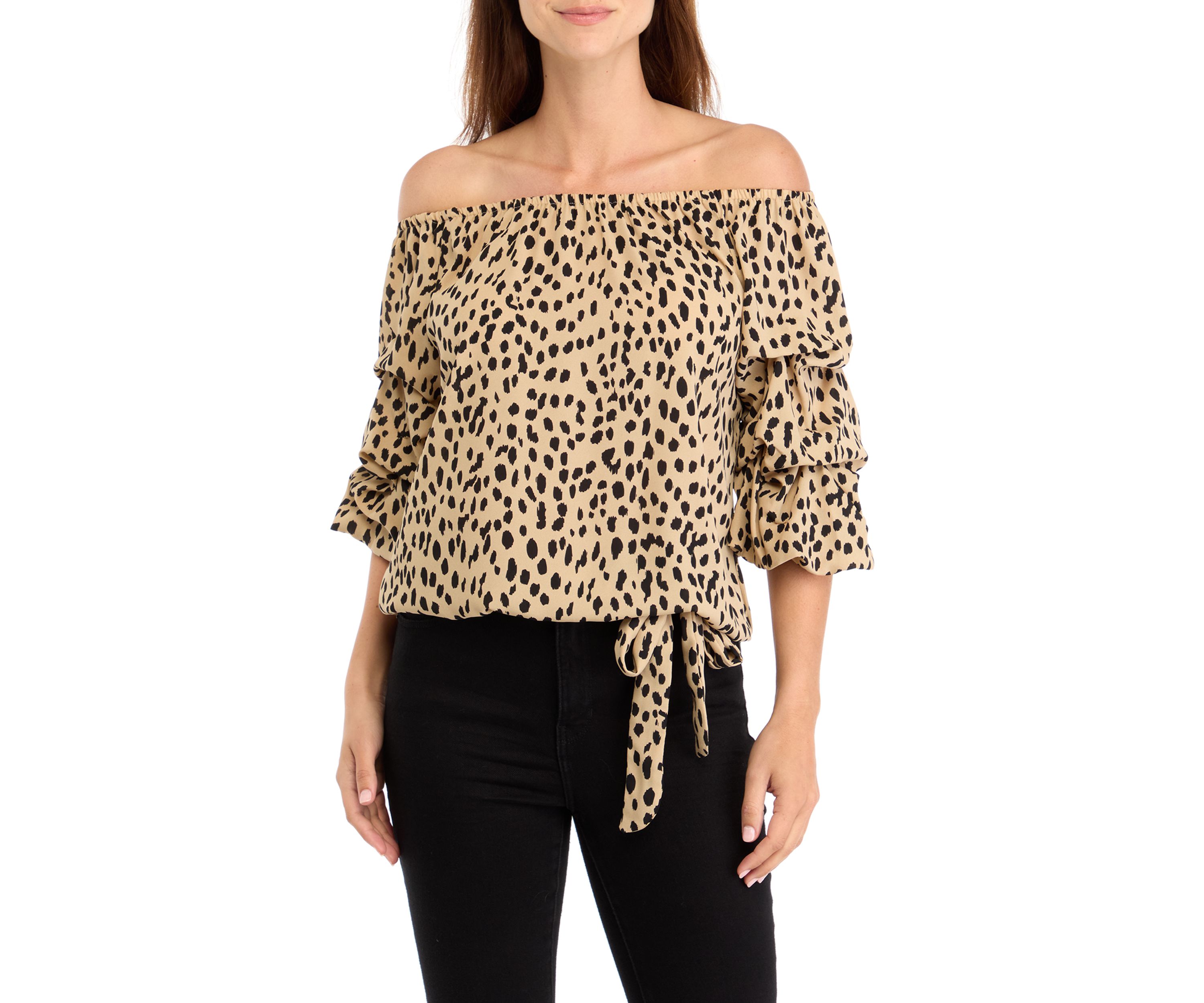 Womens Off the Shoulder Cha Cha Sleeve Printed Blouse