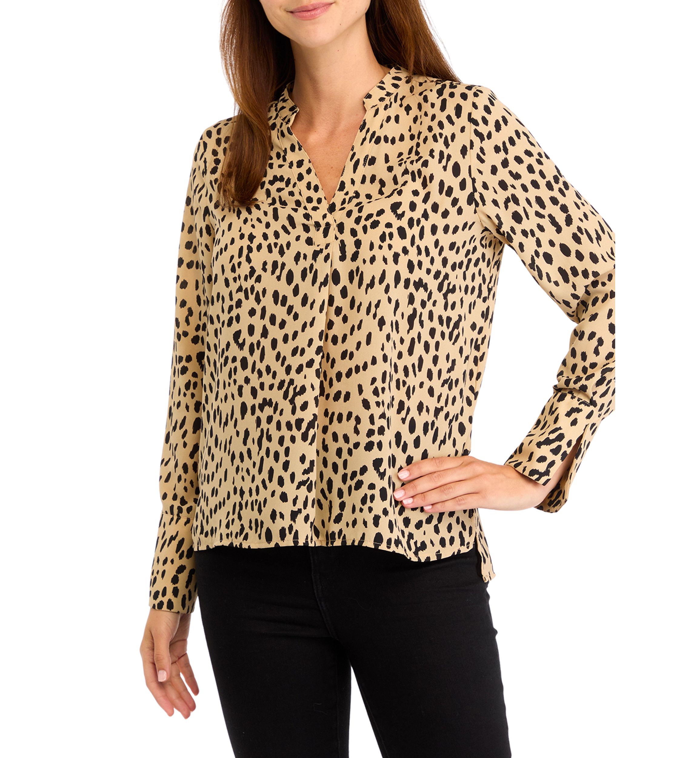 Womens Long Sleeve Split Neck Animal Print Blouse