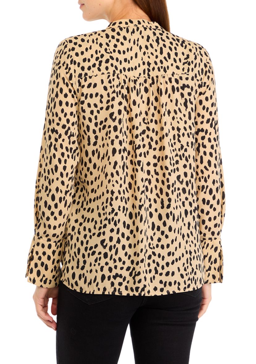 Womens Long Sleeve Split Neck Animal Print Blouse
