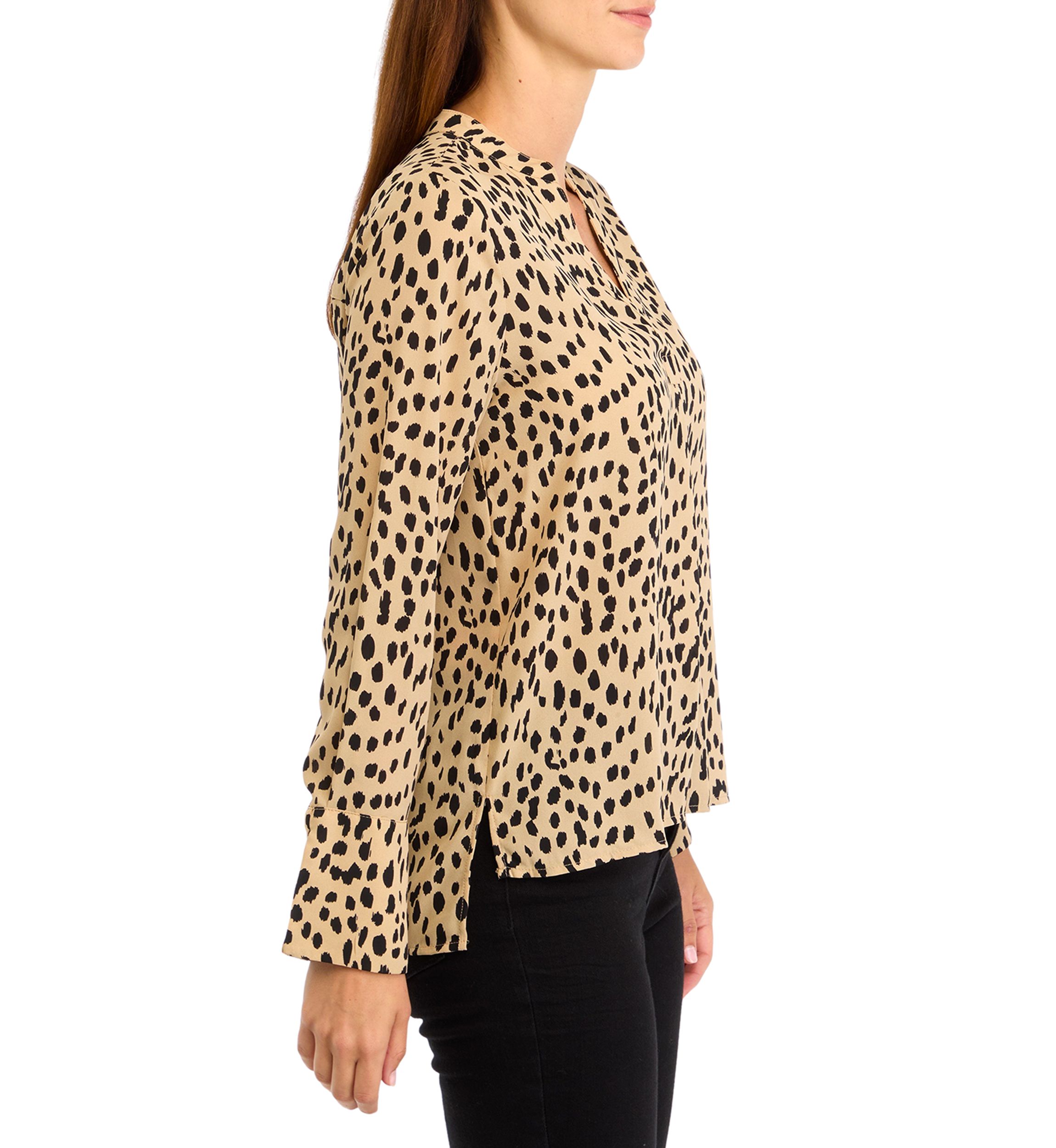 Womens Long Sleeve Split Neck Animal Print Blouse