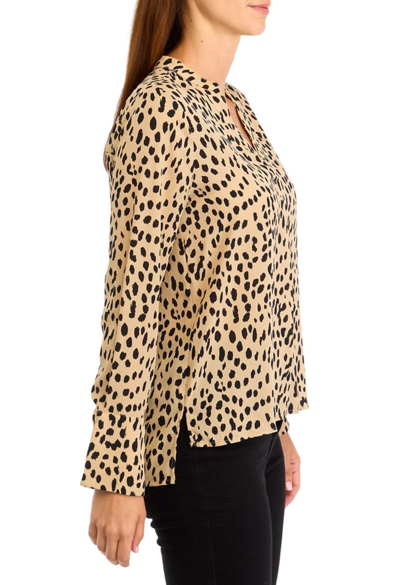 Womens Long Sleeve Split Neck Animal Print Blouse