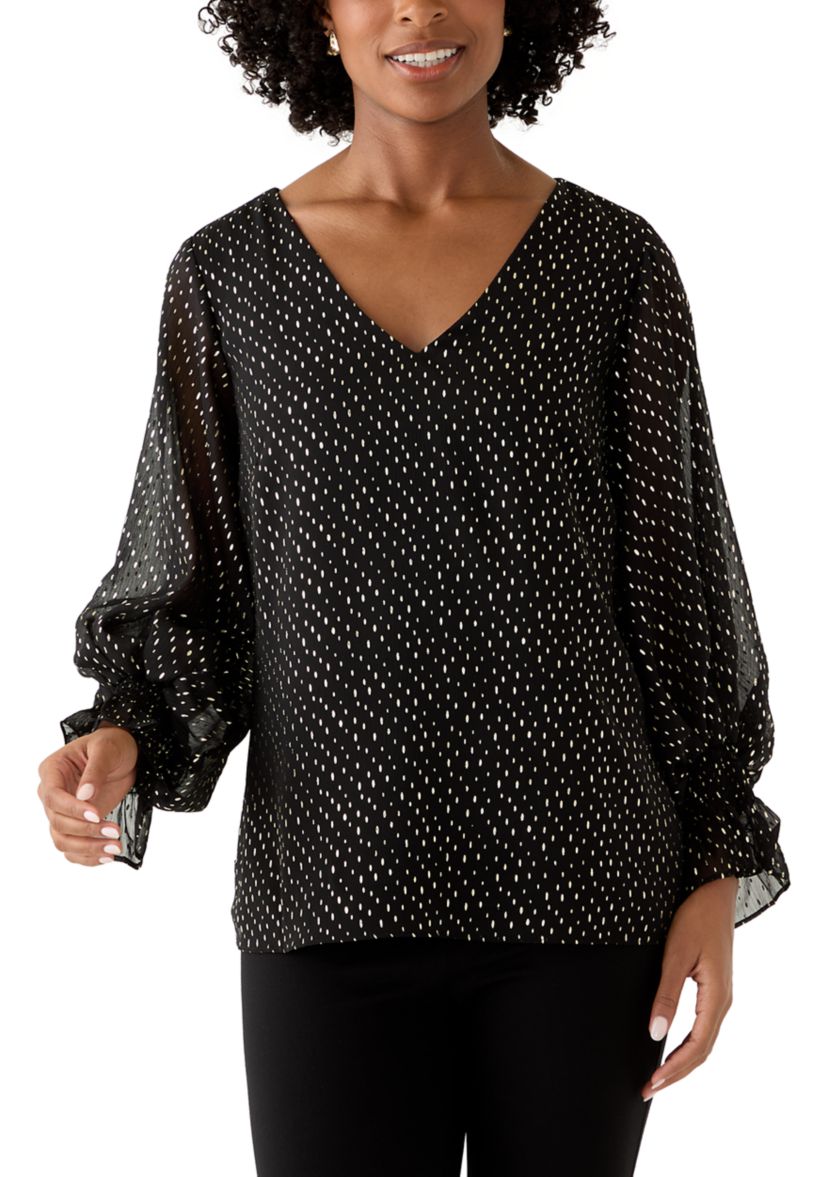 Womens Smocked V-Neck Shine Blouse