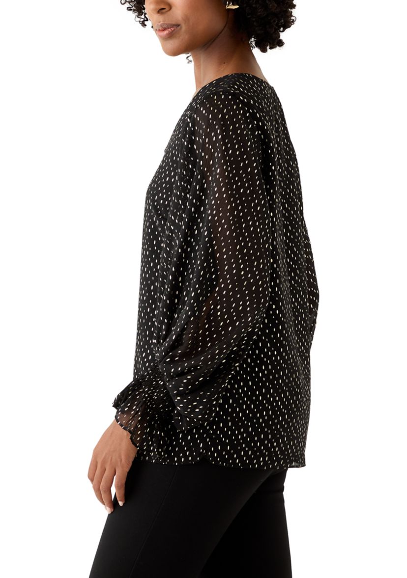 Womens Smocked V-Neck Shine Blouse