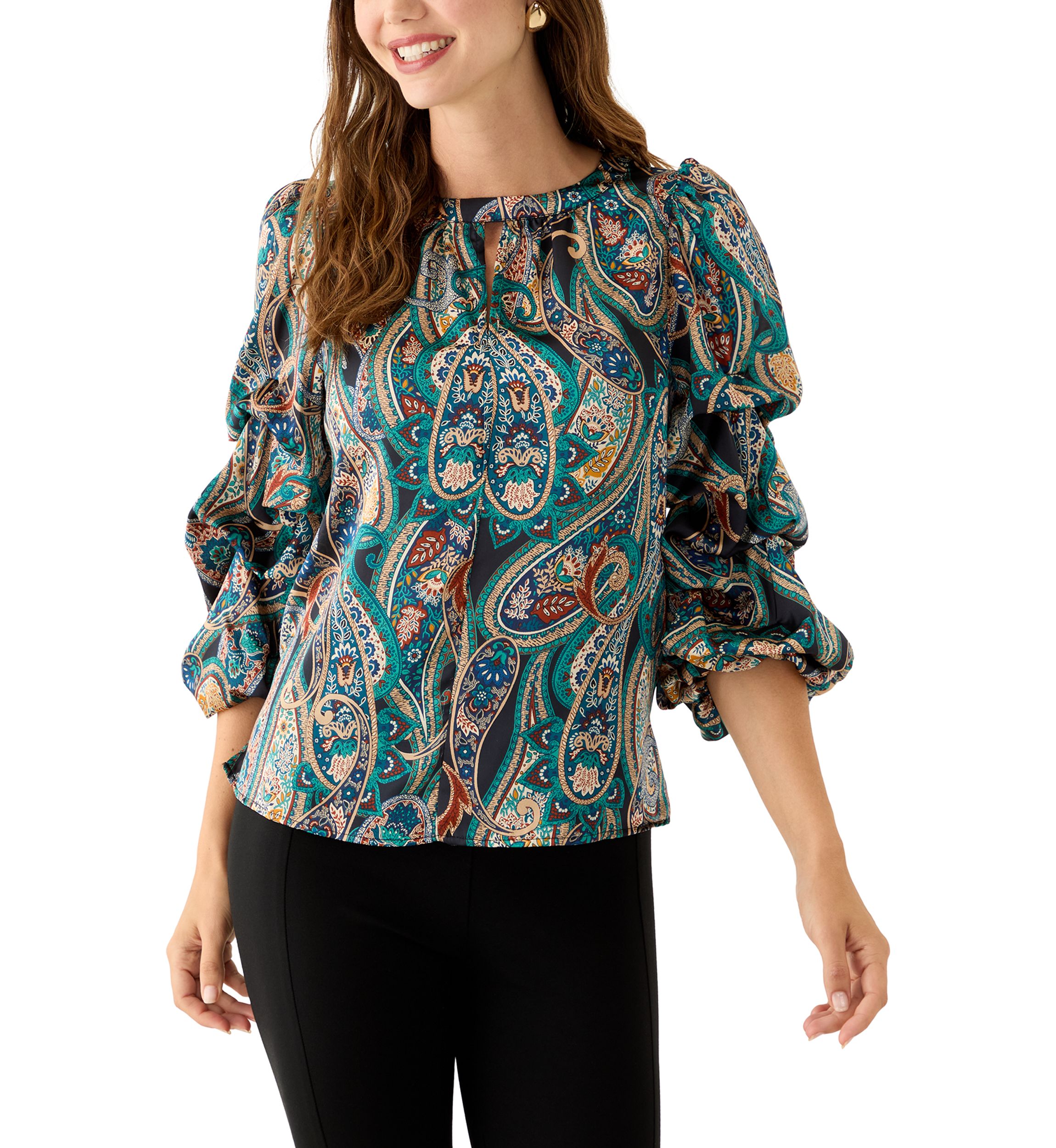 Womens 3/4 Cha Cha Sleeve Keyhole Paisley Blouse