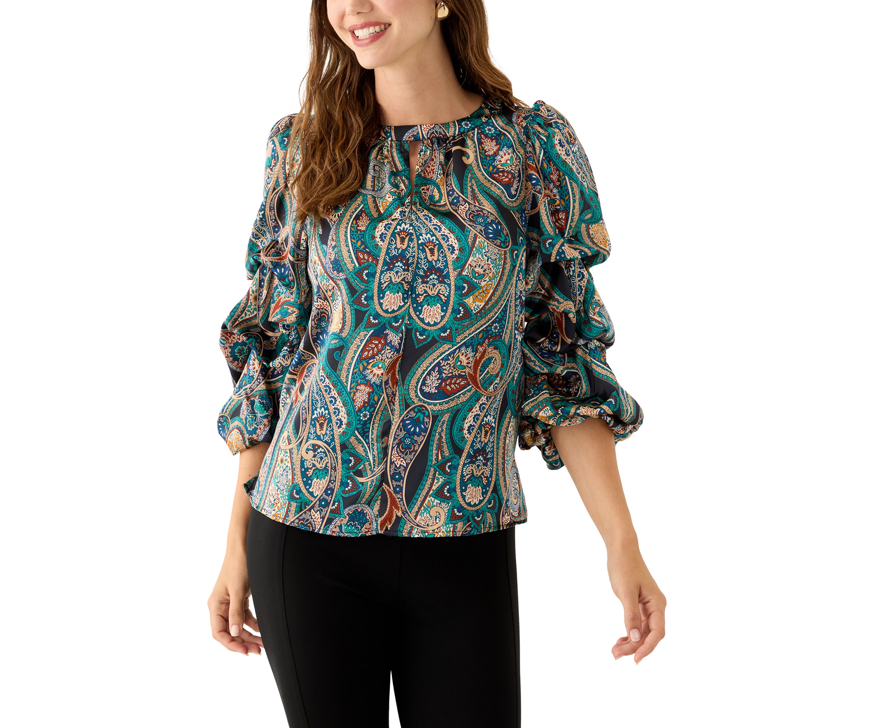 Womens 3/4 Cha Cha Sleeve Keyhole Paisley Blouse