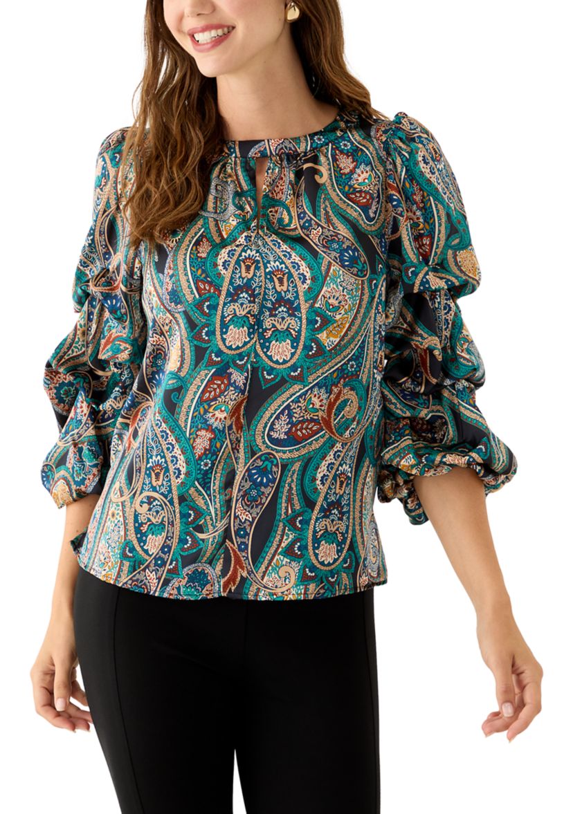 Womens 3/4 Cha Cha Sleeve Keyhole Paisley Blouse