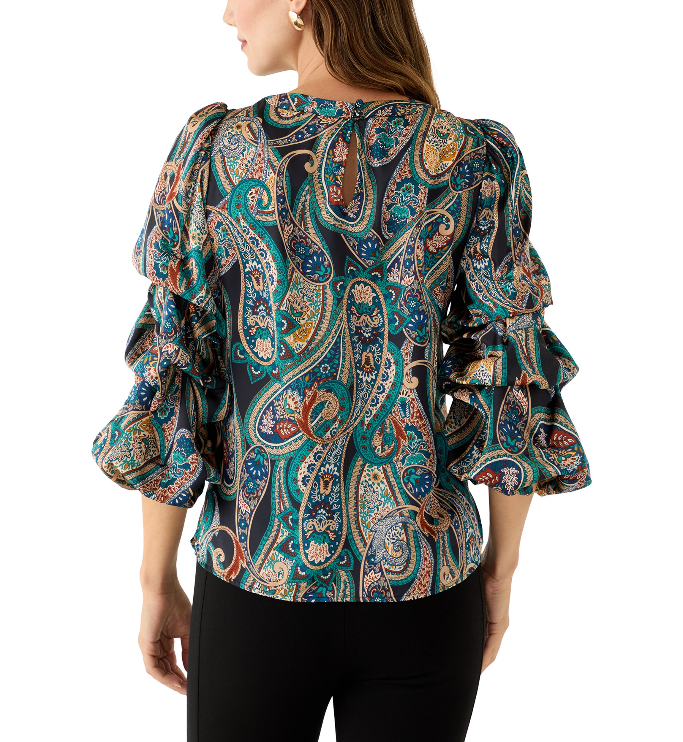 Womens 3/4 Cha Cha Sleeve Keyhole Paisley Blouse