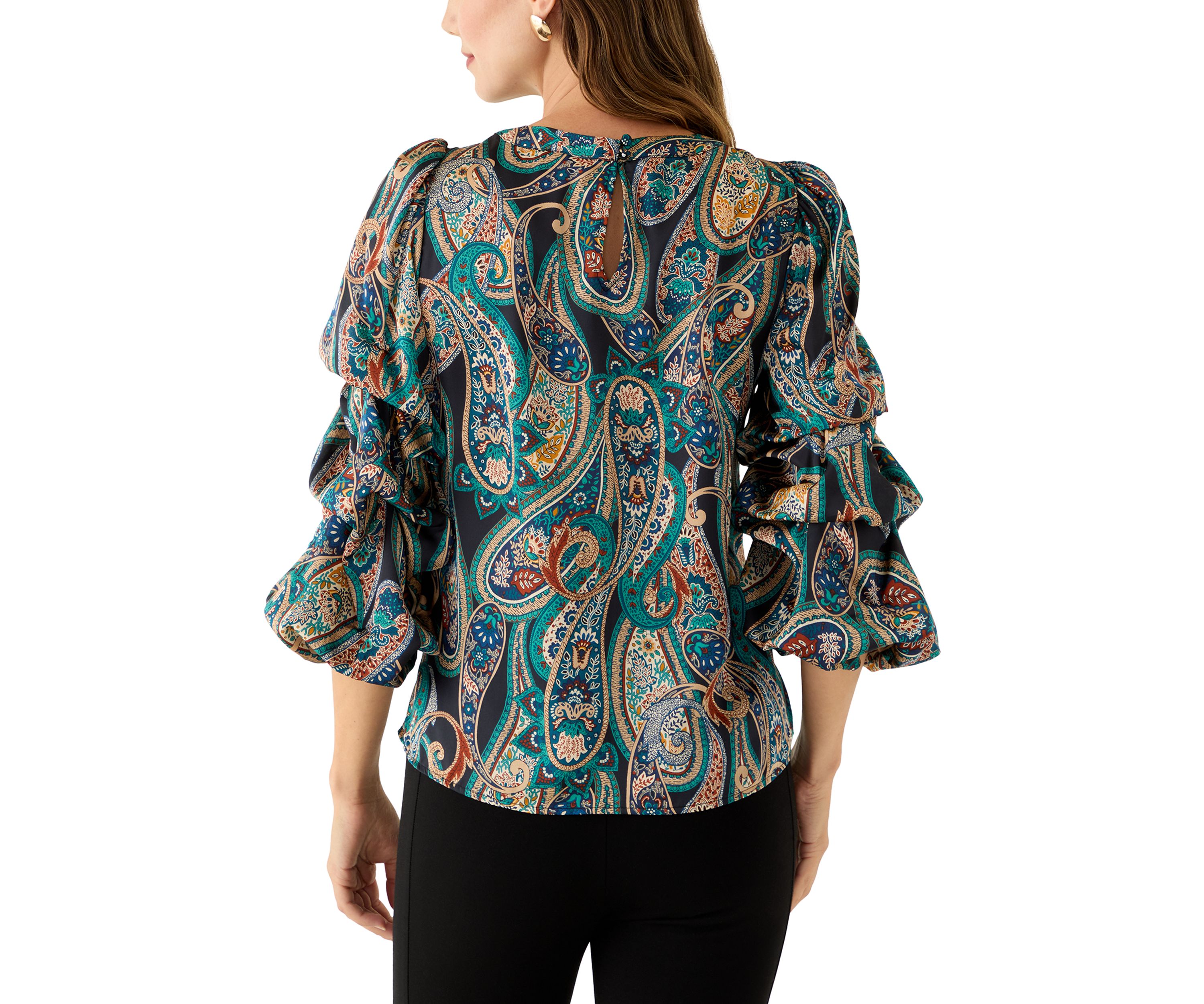 Womens 3/4 Cha Cha Sleeve Keyhole Paisley Blouse