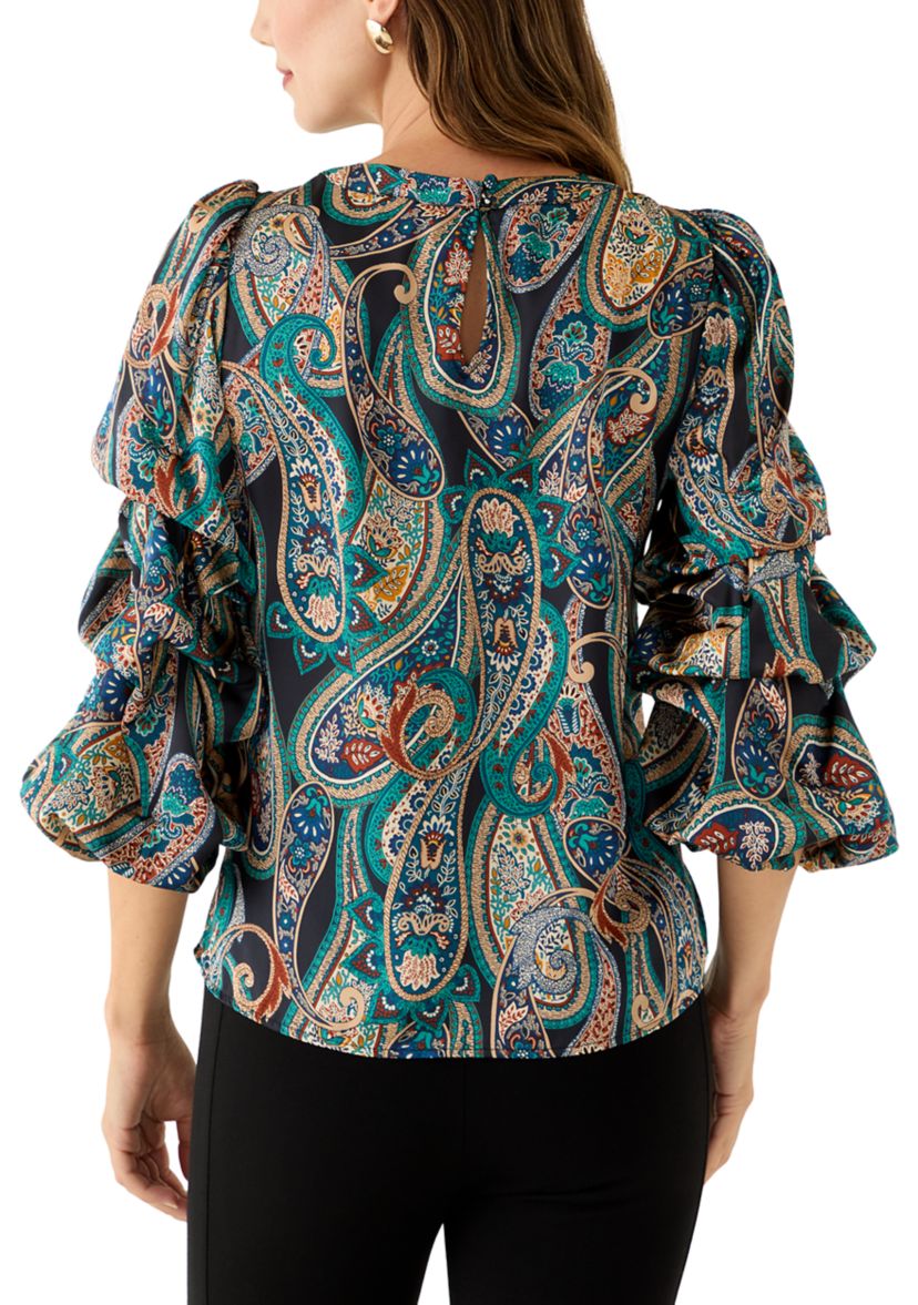 Womens 3/4 Cha Cha Sleeve Keyhole Paisley Blouse