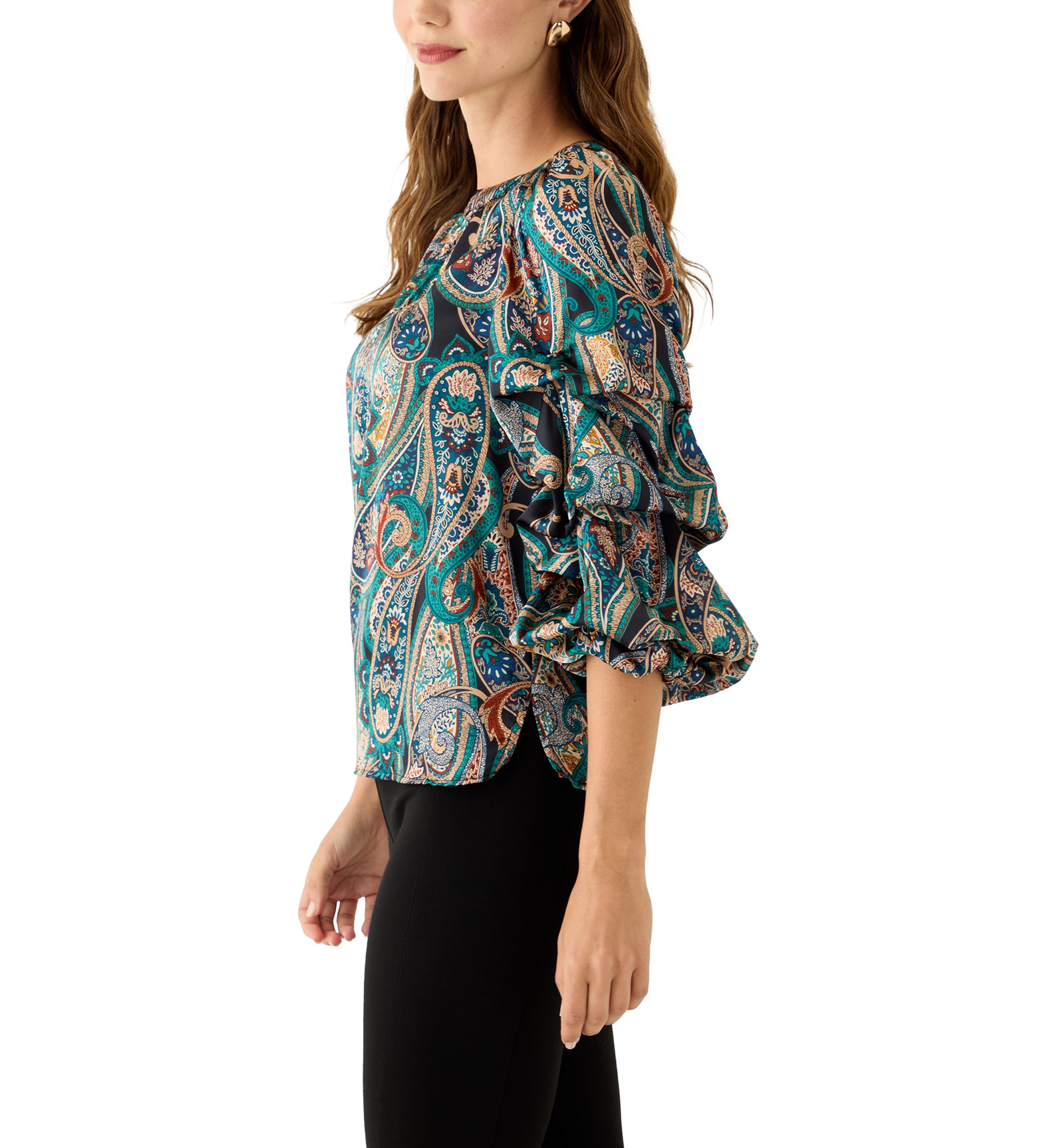 Womens 3/4 Cha Cha Sleeve Keyhole Paisley Blouse