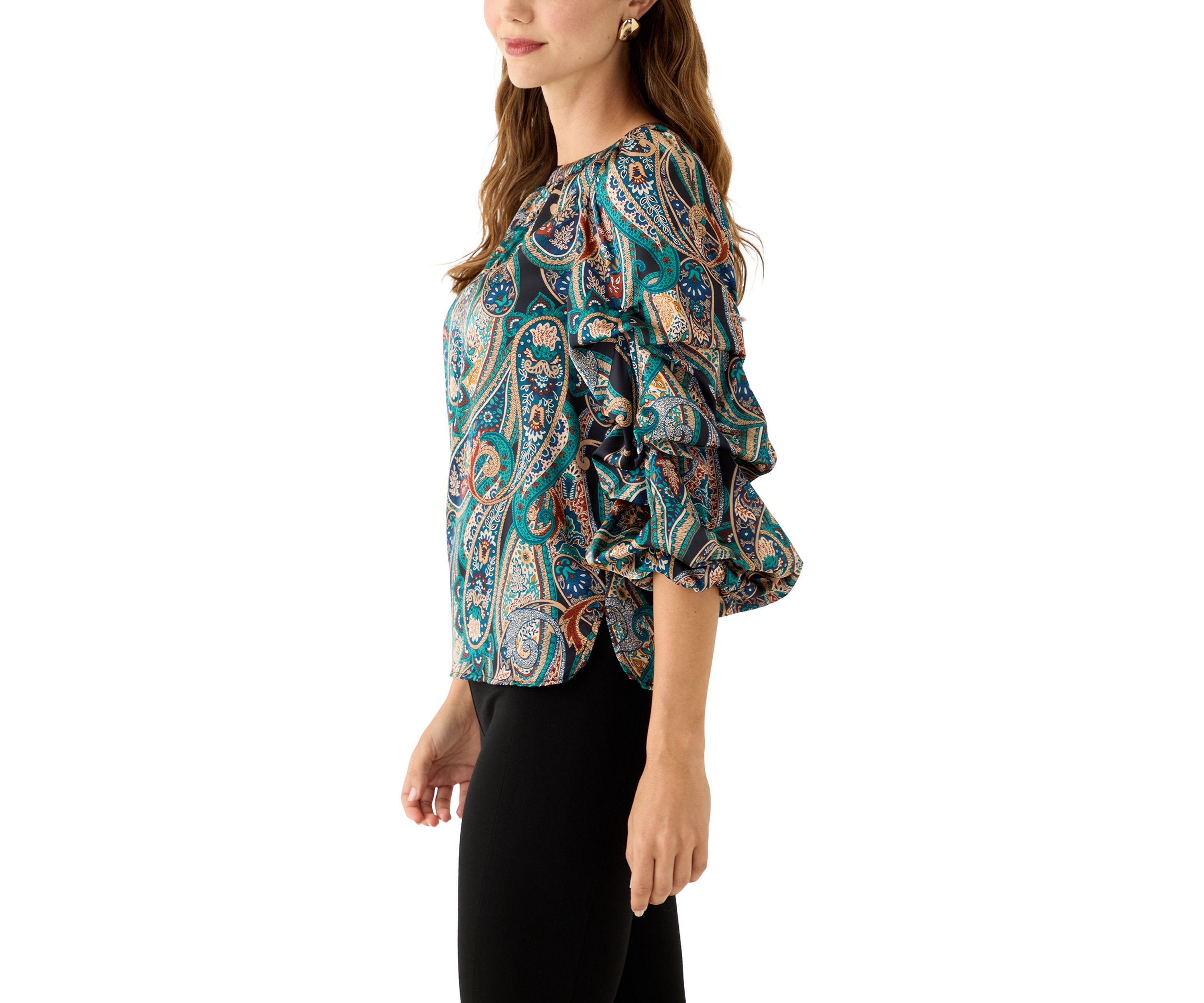 Womens 3/4 Cha Cha Sleeve Keyhole Paisley Blouse