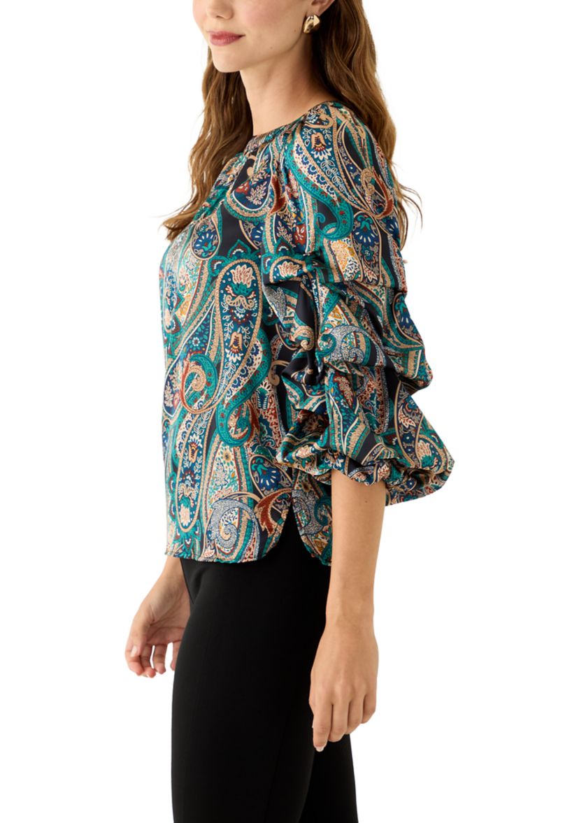 Womens 3/4 Cha Cha Sleeve Keyhole Paisley Blouse