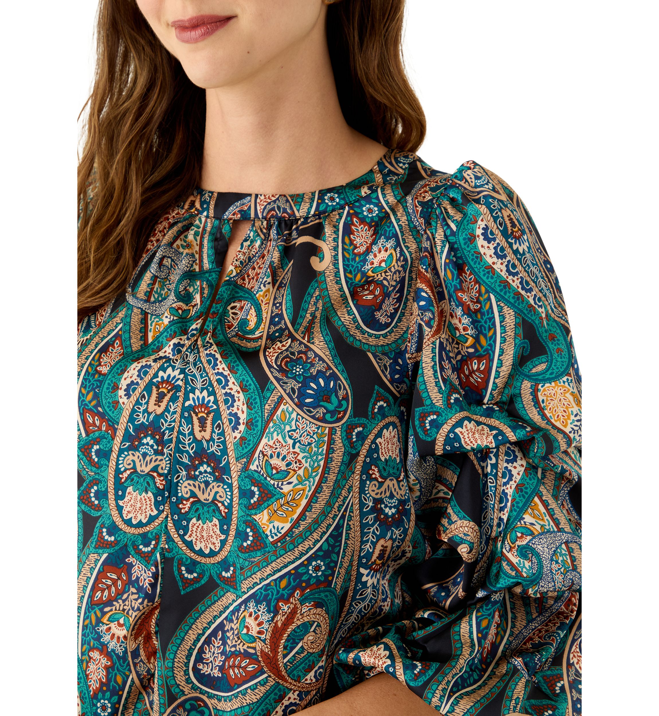Womens 3/4 Cha Cha Sleeve Keyhole Paisley Blouse