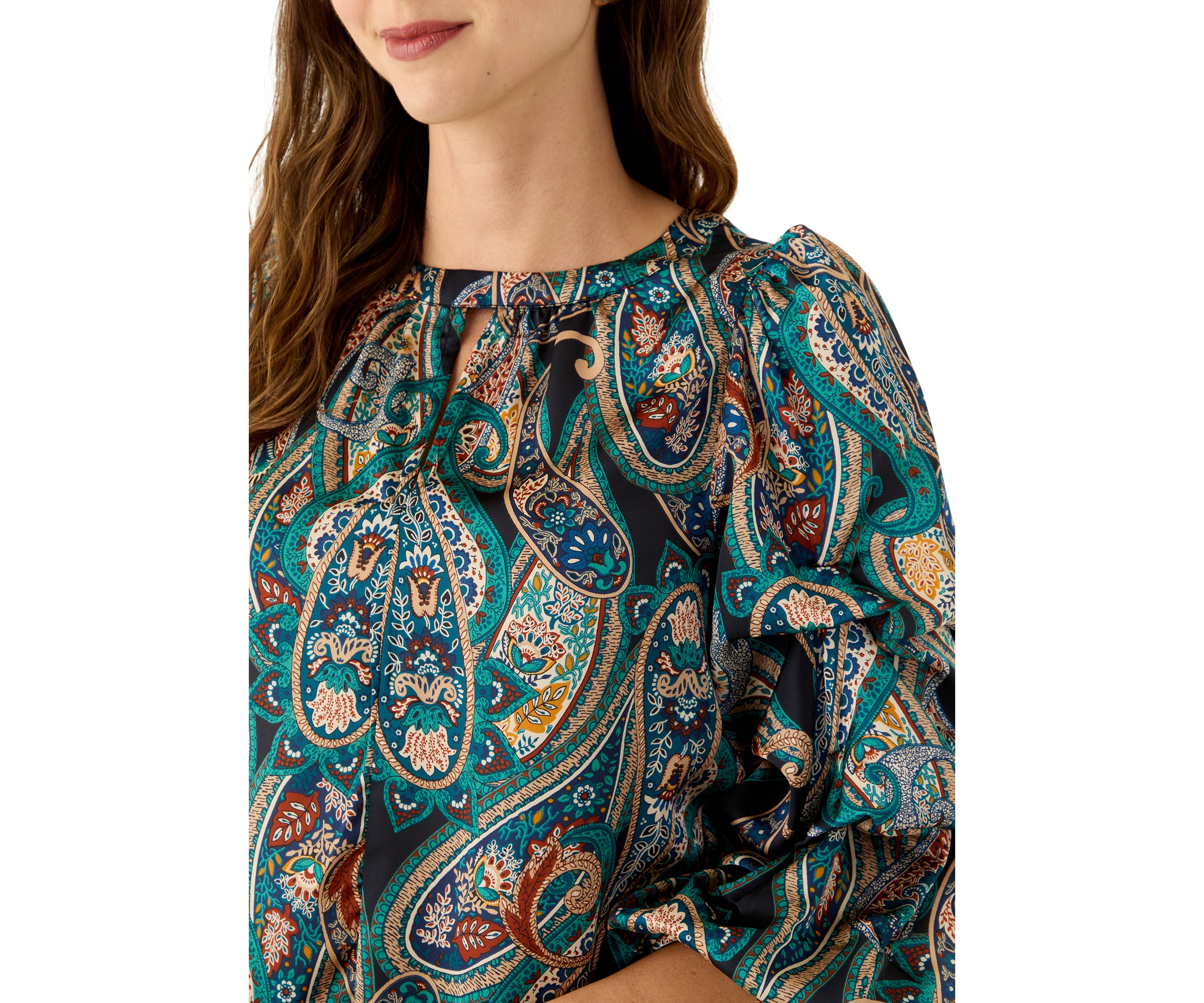 Womens 3/4 Cha Cha Sleeve Keyhole Paisley Blouse