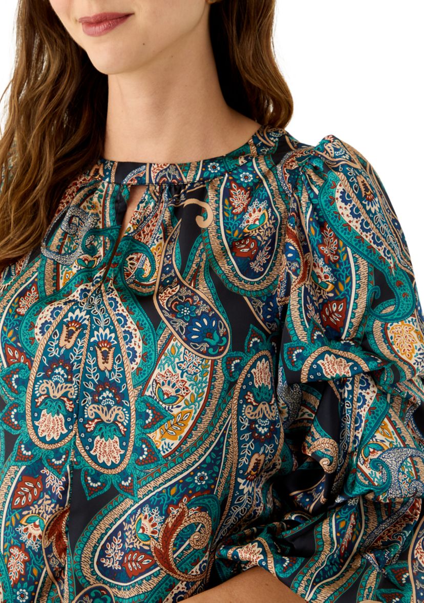 Womens 3/4 Cha Cha Sleeve Keyhole Paisley Blouse