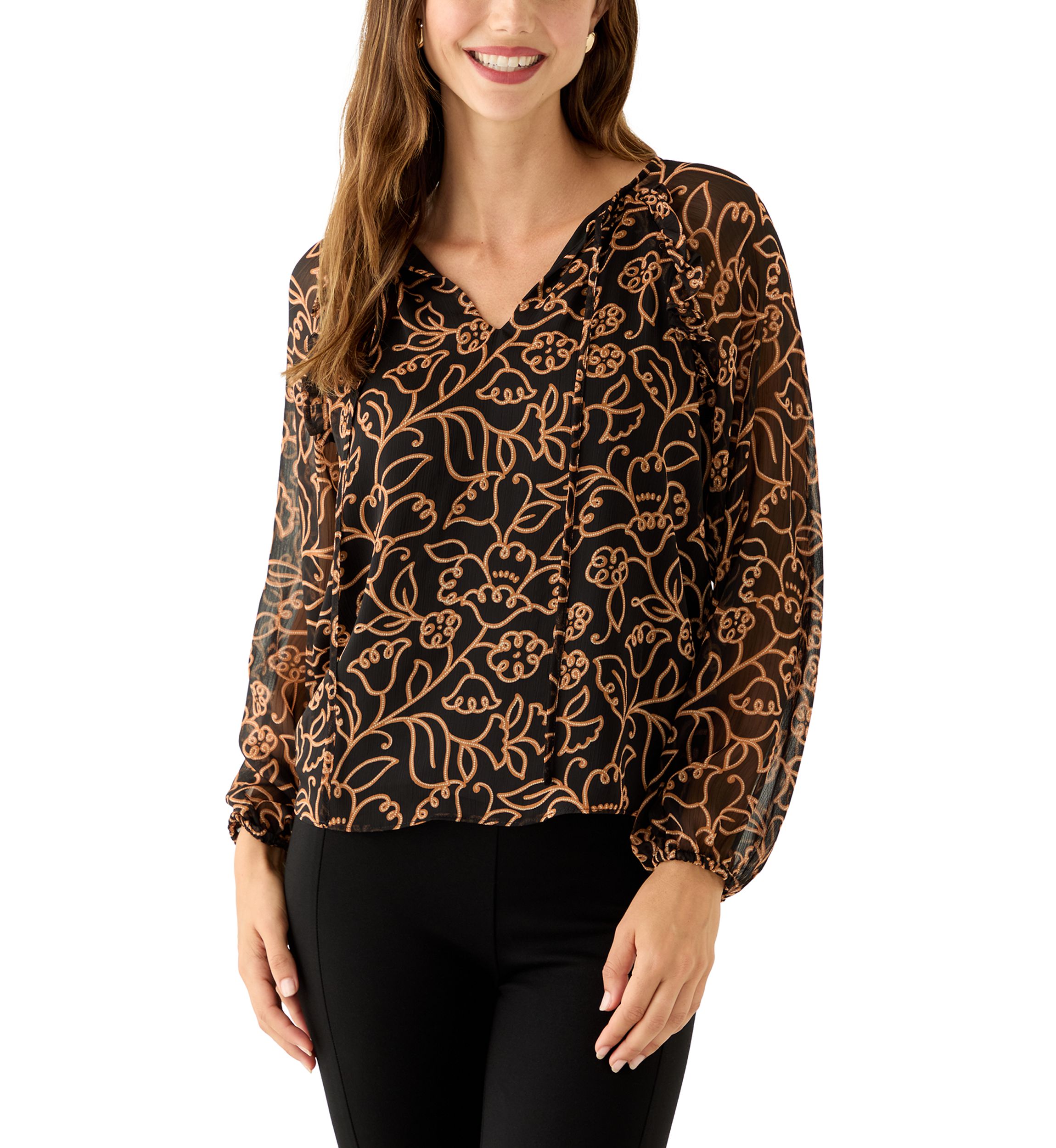 Womens Long Sleeve Split Neck Floral Ruffle Blouse 