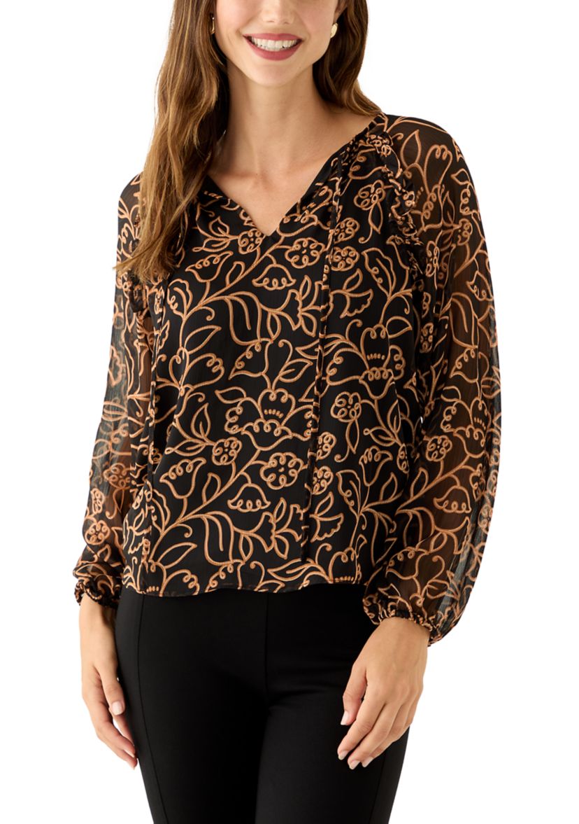 Womens Long Sleeve Split Neck Floral Ruffle Blouse 
