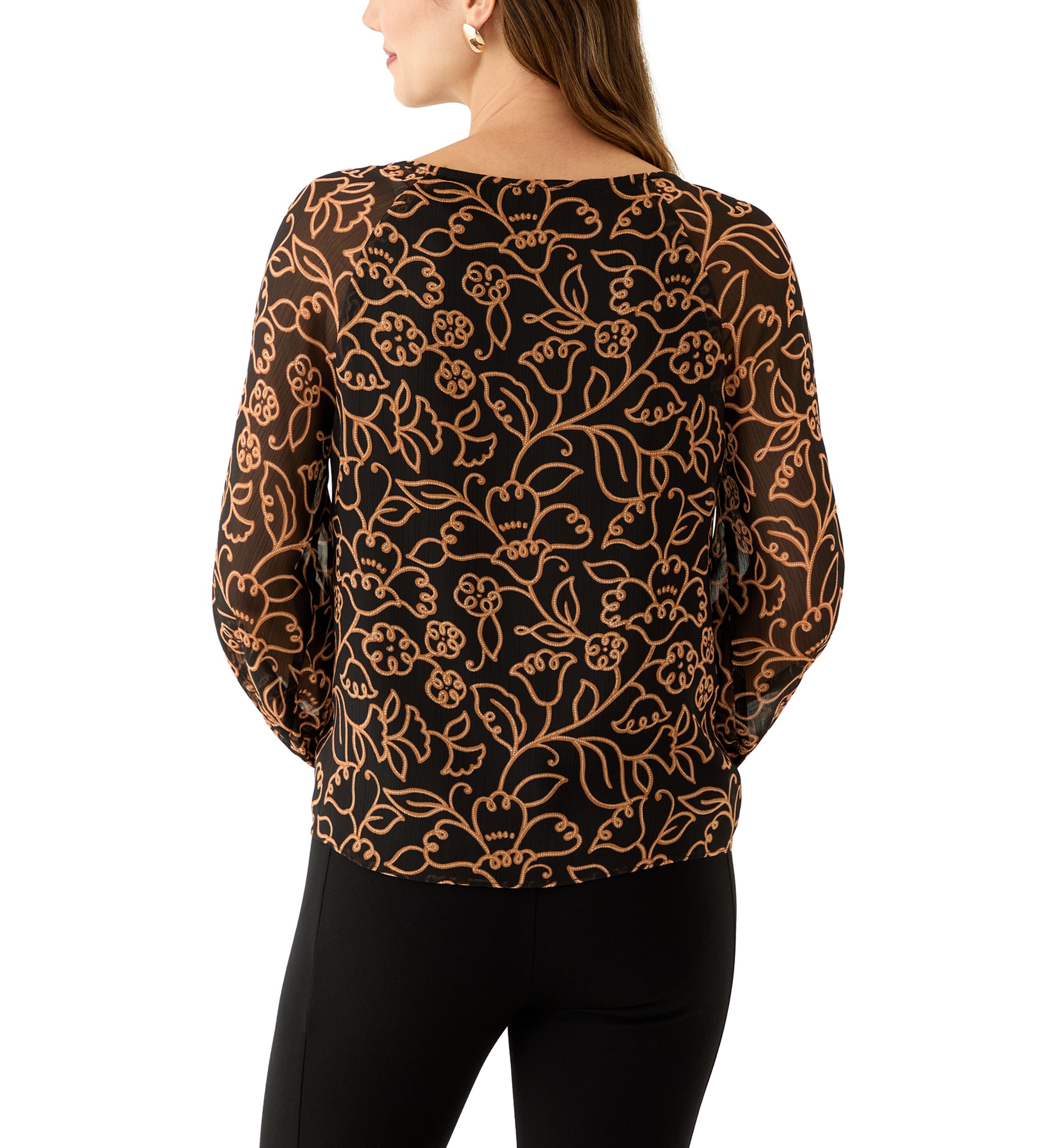 Womens Long Sleeve Split Neck Floral Ruffle Blouse 