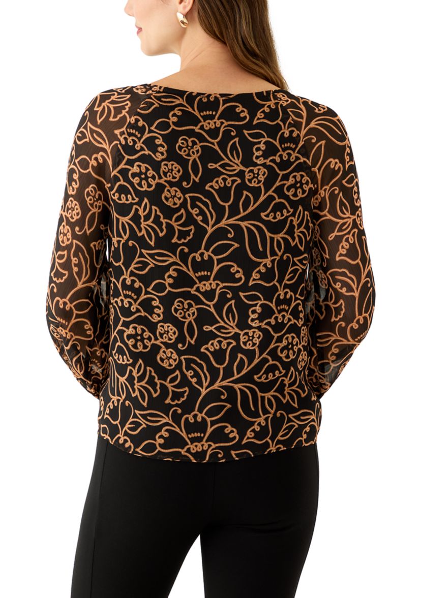 Womens Long Sleeve Split Neck Floral Ruffle Blouse 